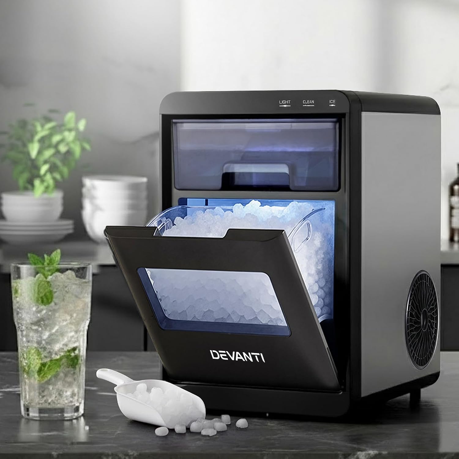 Devanti Nugget Ice Maker Machine, 20kg/Day, Chewable Ice Cubes, Portable | Countertop Stainless Steel Machine, 10-Min Quick Ice, Self Cleaning, 1.8L Water Tank, Ideal for Home, Office & Bar