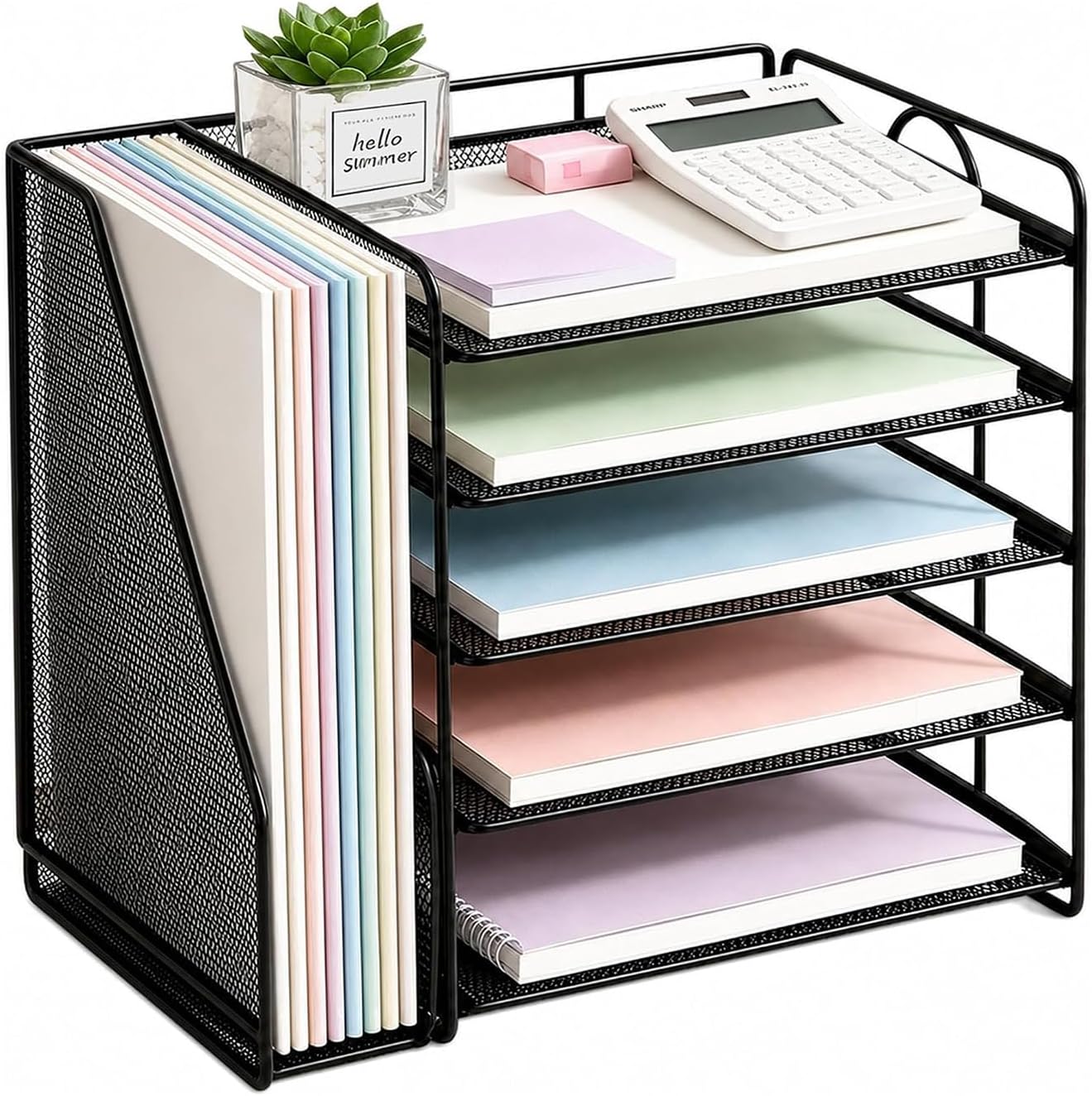 5-Tier Paper Letter Tray Organizer with File Holder, Metal Mesh Desk O rganizer, Desktop File Organizer for Office Supplies
