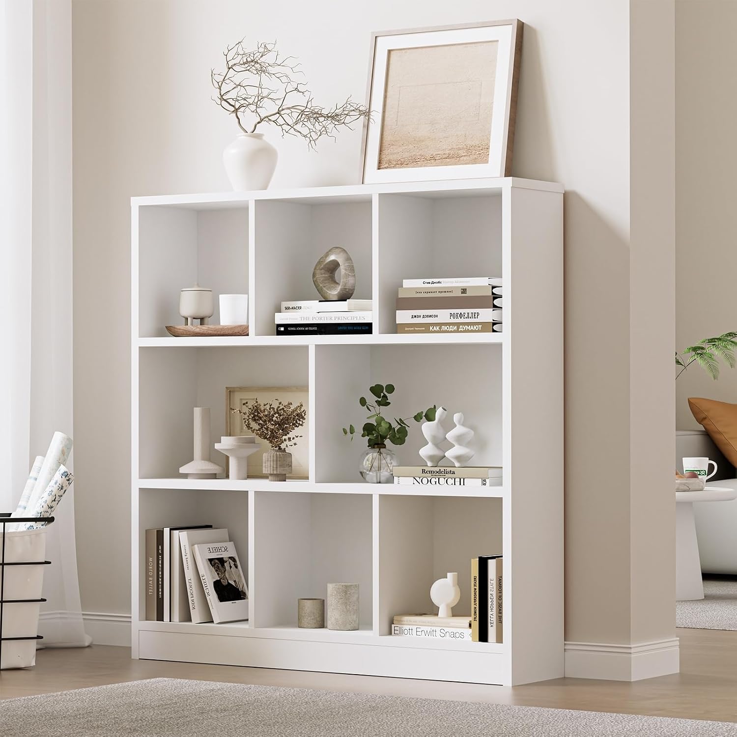 Oikiture 7 Storage Place Bookshelf – Wooden Display Cabinet Organizer White | Versatile Sturdy Space Saving