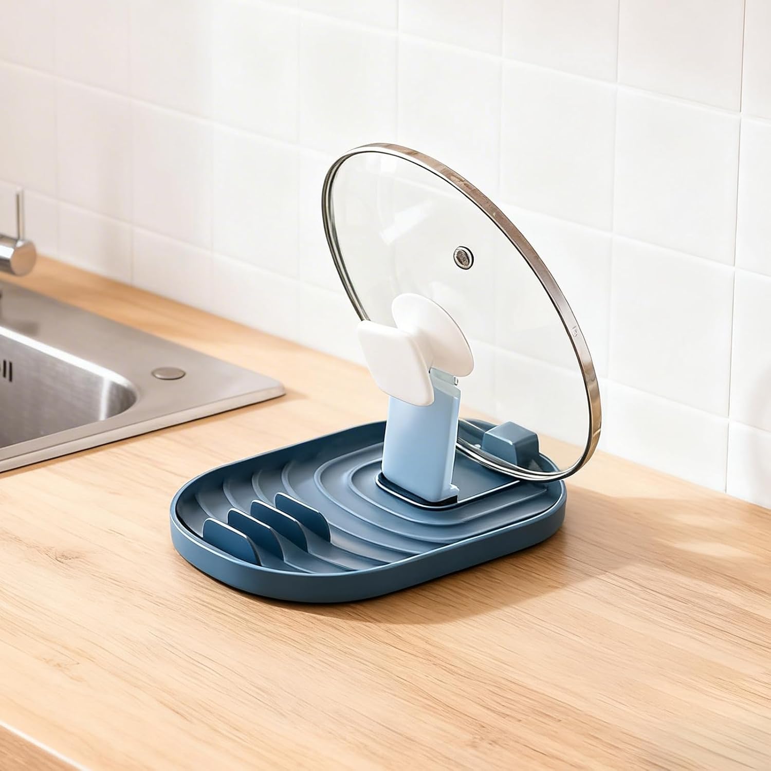 Multifunctional Foldable Pot Lid Holder, Stove Top Spoon Rest,1Pcs,Blue | Multi-Slot Design, Hanging Storage, Spoon Rest For Stove Top, Kitchen Pot Lid Storage Rack for Home Use Kitchen Gadget