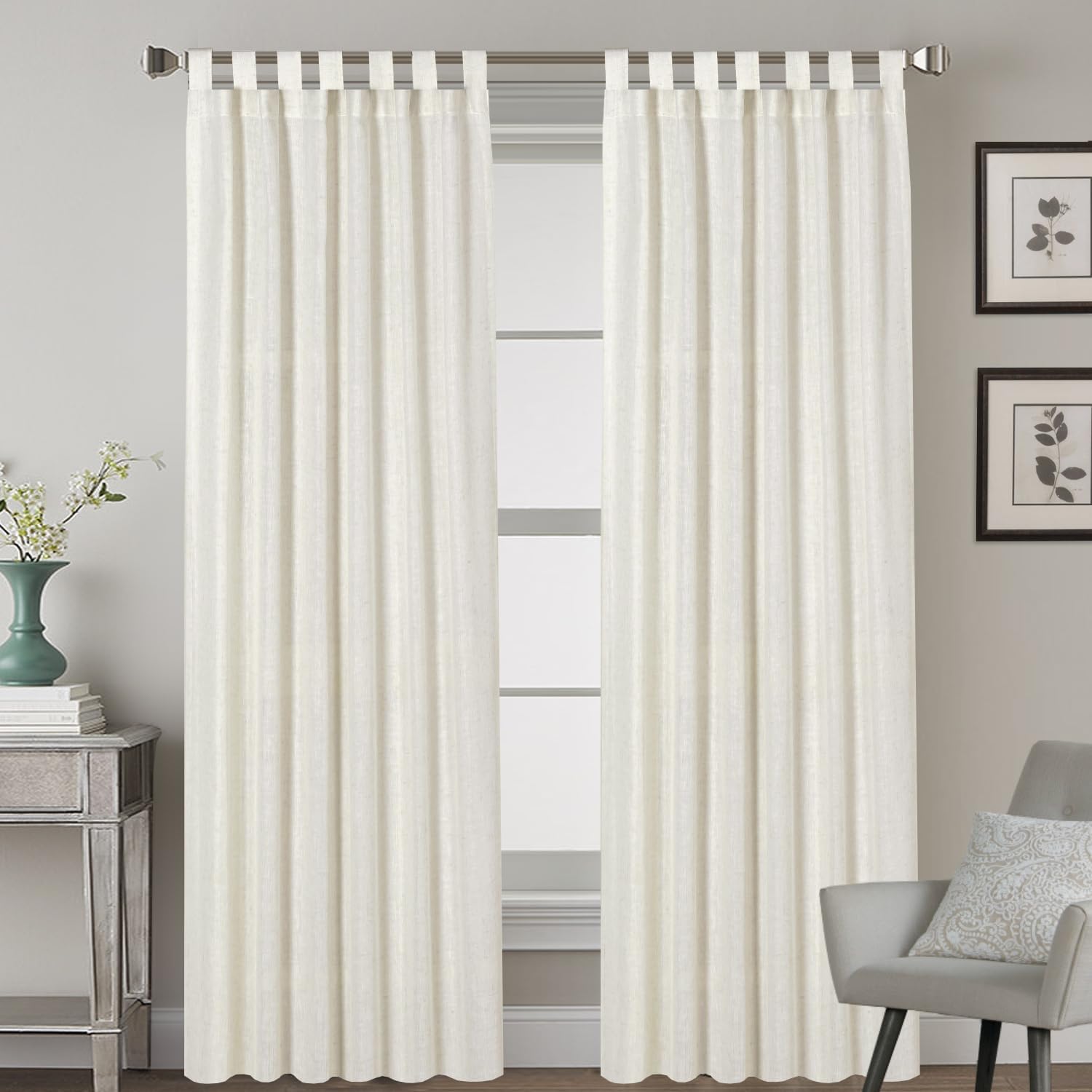 Linen Curtains Natural Linen Semi Sheer Blended Curtains Tab Top Window Treatments Panels Drapes for Living Room, Elegant Light Filtering Curtains (Set of 2, W132cm x D213cm，Ivory)