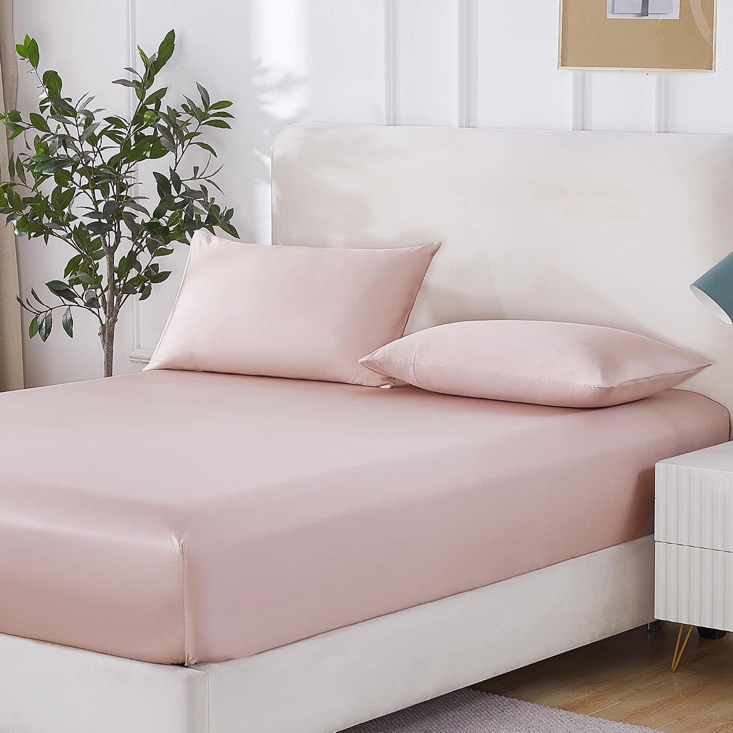 MuMullum 3PCS Double Fitted Sheets Set, Soft Breathable Bed Sheet Set | 300TC Cotton Tencel Blended, 40cm Deep Pocket, Skin Friendly Moisture Wicking Bedding for a Luxurious