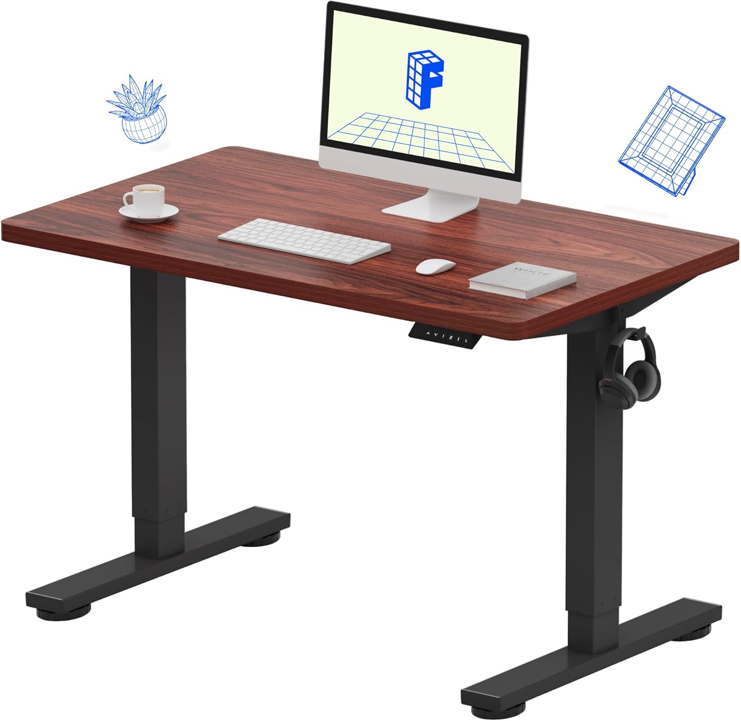 FLEXISPOT EN1 Electric Standing Desk 100 x 60 cm, Black Frame/Mahogany Top | Electric Height Adjustment with Memory Presets, Black Frame with Mahogany Desktop for Home Office Use