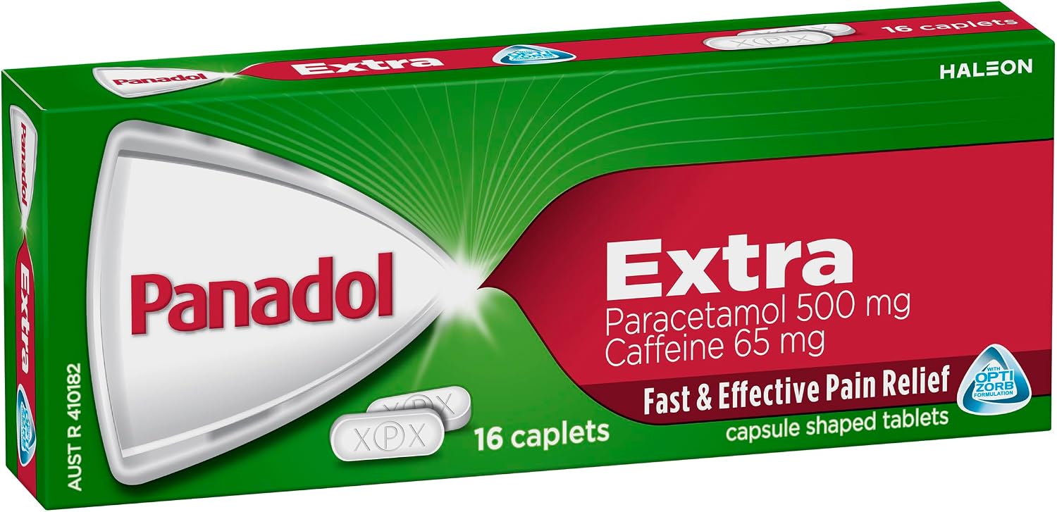 Panadol Extra Paracetamol & Caffeine for Effective Pain Relief, 16 Caplets | Absorbed Faster, Lasts Up to 6hrs, Gentle on Stomach| Pain Relief for Migraine, Headache, Cold and Flu, Fever, Arthritis