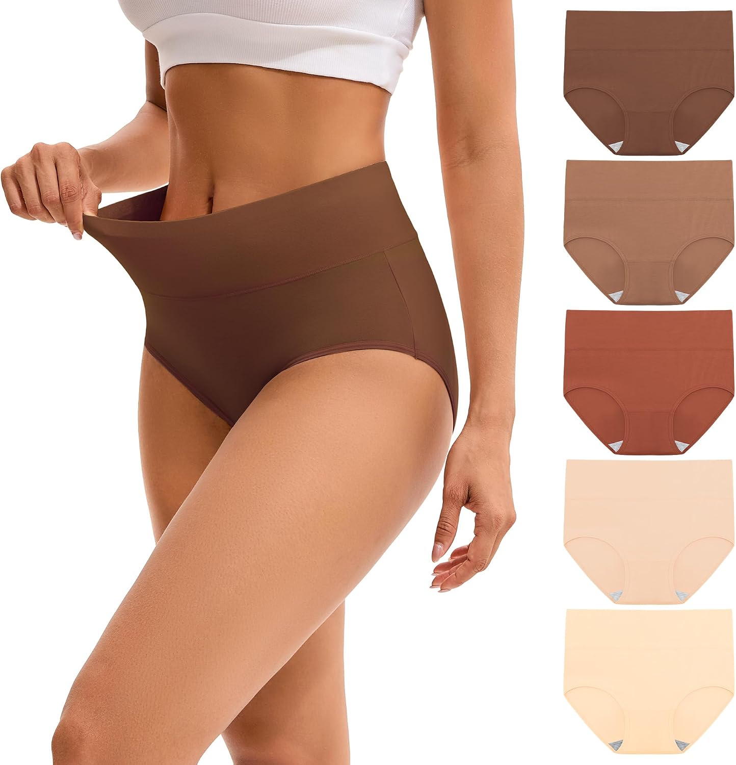 INNERSY Women's High Waisted Underwear Cotton Panties 5-Pack | Full Coverage, Wide and Flat Waistband, Light Tummy Support, No Wedgies, Stay in Place, Stretch Fit, All-Day Comfort