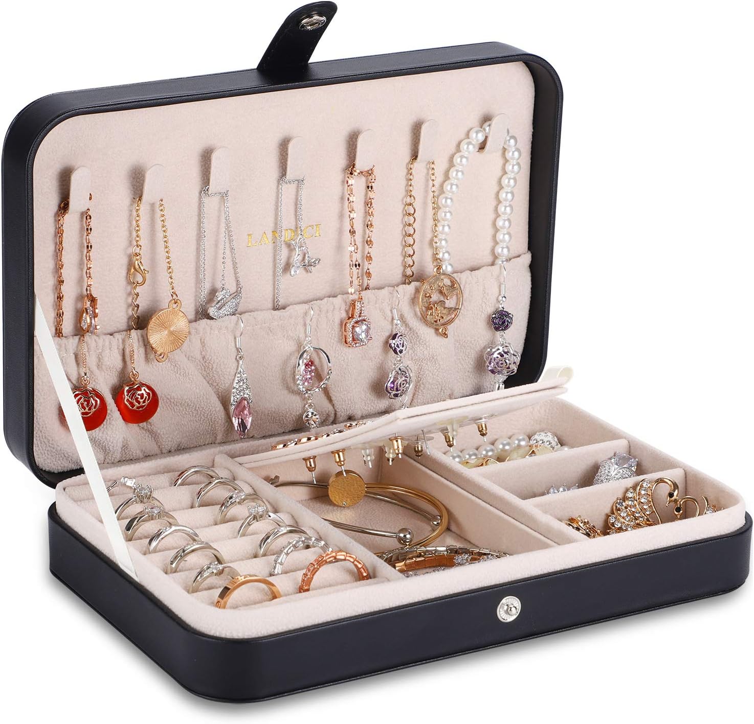 LANDICI Jewellery Box Small Jewellery Organiser for Women Girls, PU Leather Travel Jewellery Storage Case, Portable Jewellery Holder for Ring Earrings Necklace Bracelet, Jewellery Gift Box,Black