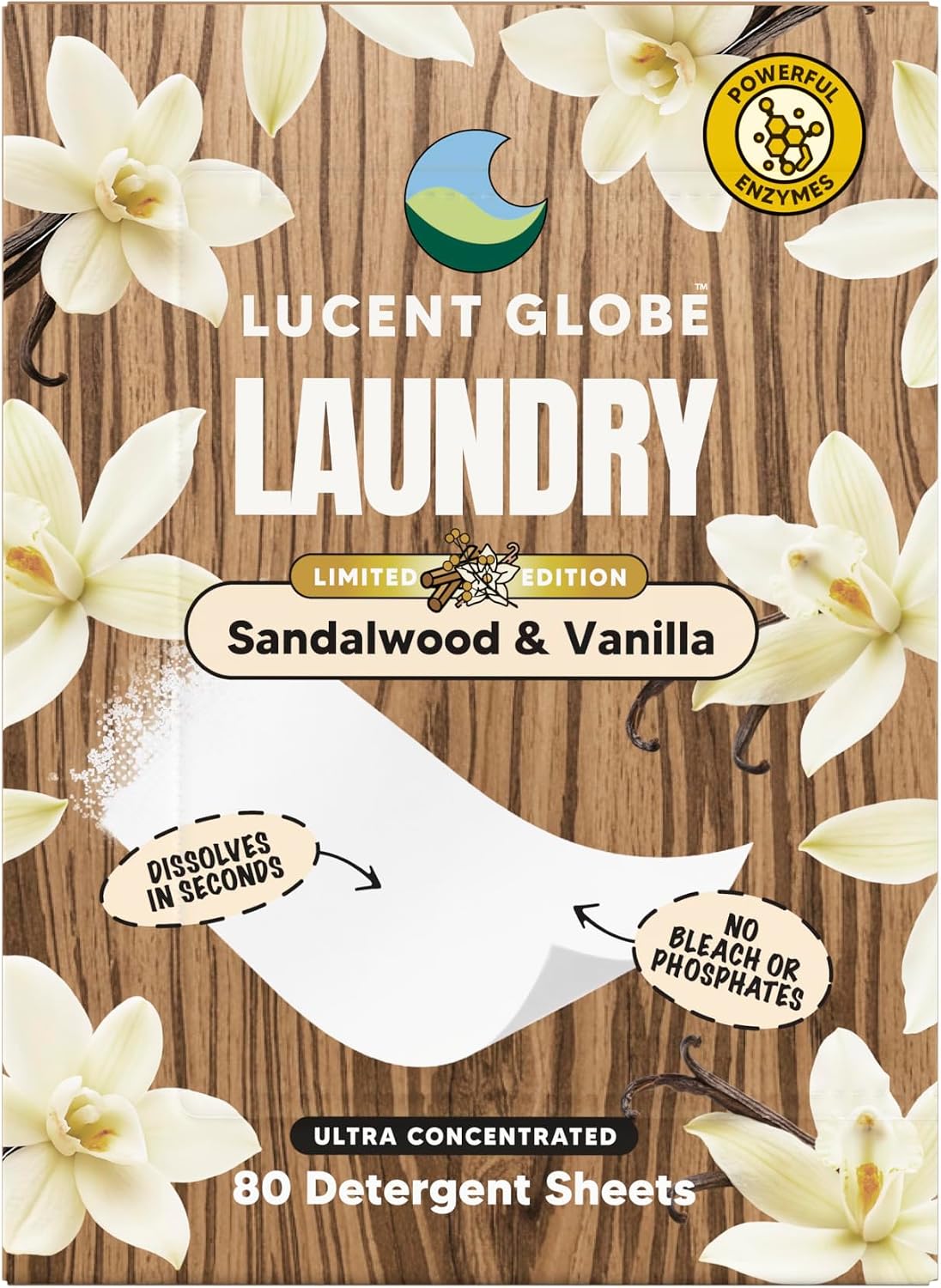 Lucent Globe New 'Sandalwood Vanilla' 80 x Laundry Detergent Sheets, Plant-Based, Biodegradable Laundry Sheets, Plastic Free Packaging. World's Best Smelling Laundry Detergent.