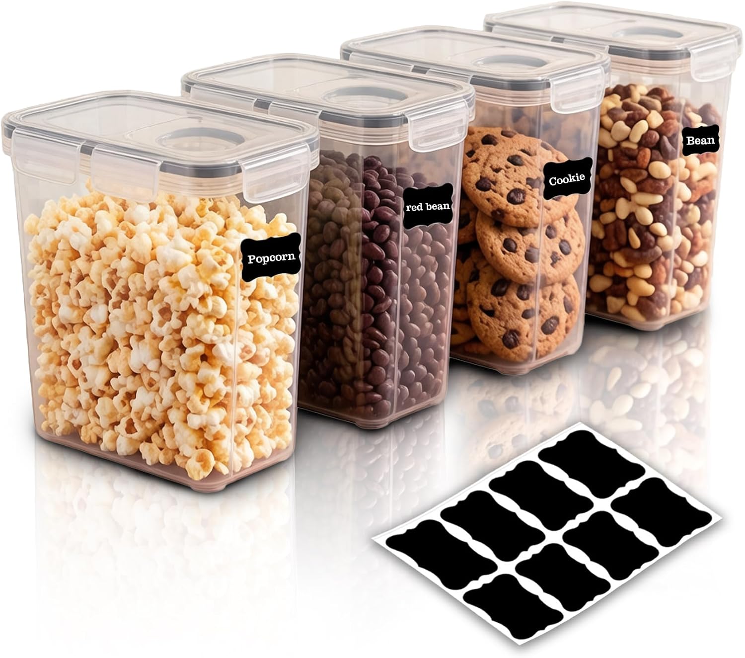 4 Pack 4L Airtight Large Cereal Storage Containers with Label Stickers | BPA Free Clear Grain Canisters for Flour Oats Dry Food Pantry Storage Kitchen, Oats, Flour, Sugar, Cereal Dispenser