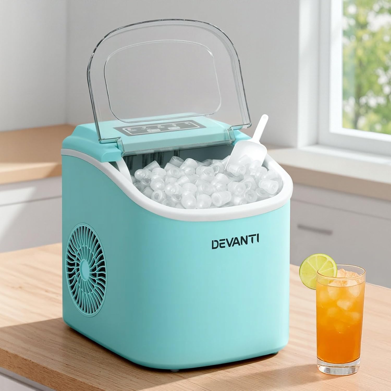 Devanti Ice Maker Machine, 1.3L 12KG/Day, 9 Bullet Ice in 6Mins, Green | Countertop Icemaker, Self-cleaning, Commercial Home Office Kitchen Appliances, Fast Freeze with Scoop and Removable Basket
