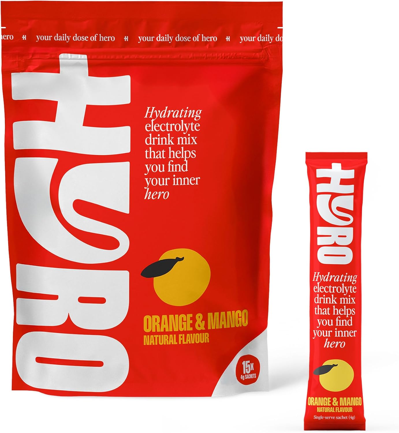 HYRO Electrolyte Powder Drink Mix, Sugar Free Daily Hydration Packets with Magnesium, Potassium & Vitamin C, Single-Serve Electrolytes, Keto, Vegan, Plant Based, Orange Mango Flavour, 15 Count