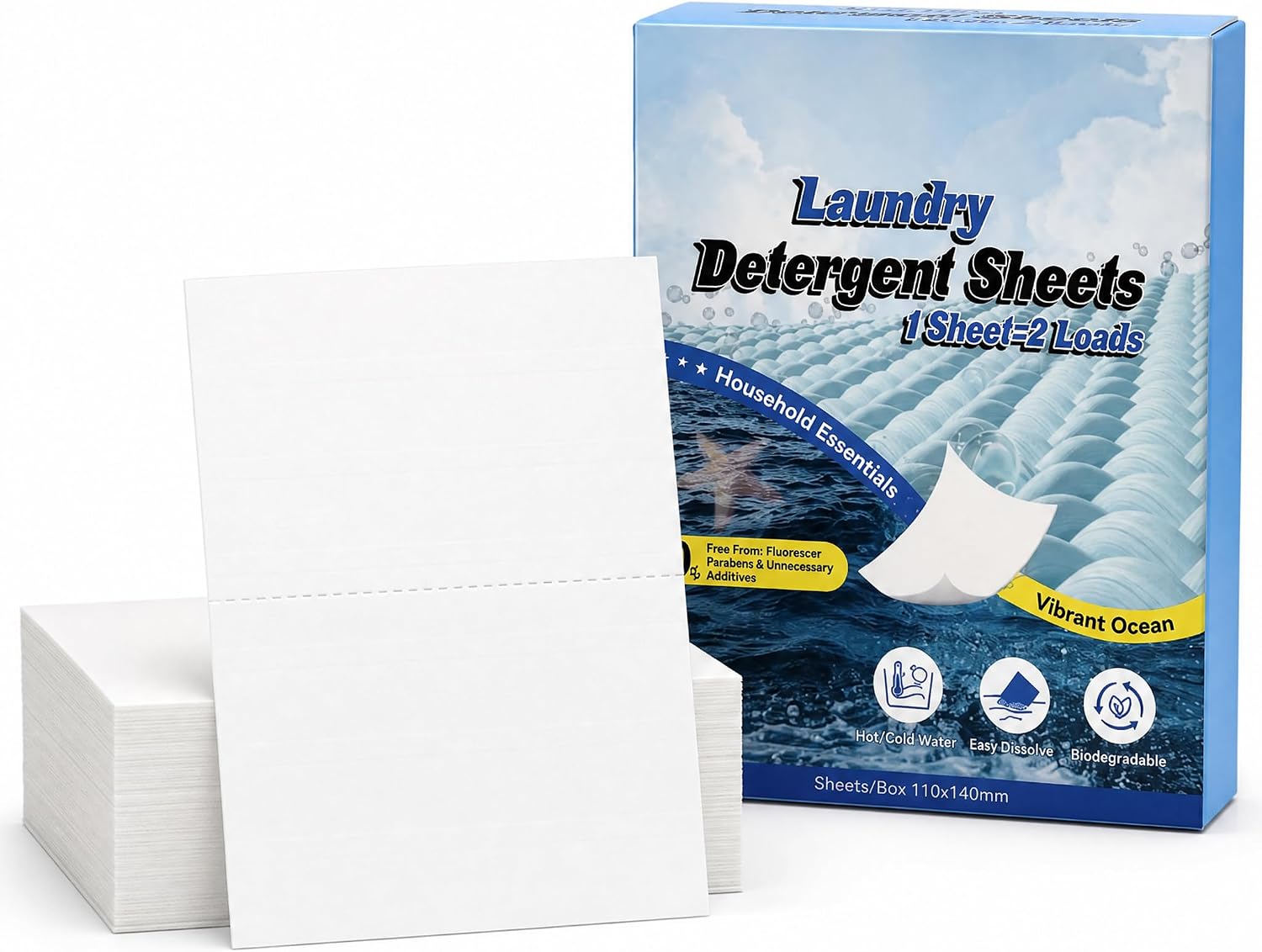 40 Sheets Laundry Detergent Sheets, Ocean Fresh Plant-Derived Formula for Front and Top Loaders, Plastic-Free Biodegradable Wash Strips for Travel and Rental Laundry