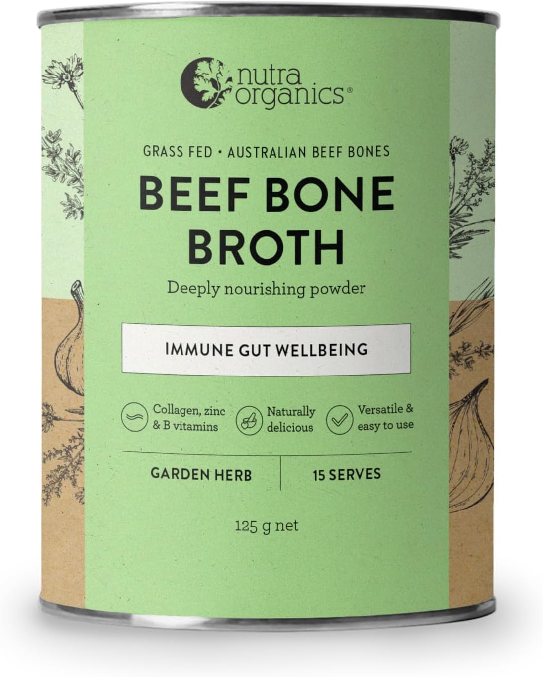 Nutra Naturals Beef Bone Broth Powder Garden Herb 125g, Australian Grass-Fed Beef Bones, Slow Cooked, Supports Immunity + Gut Wellbeing