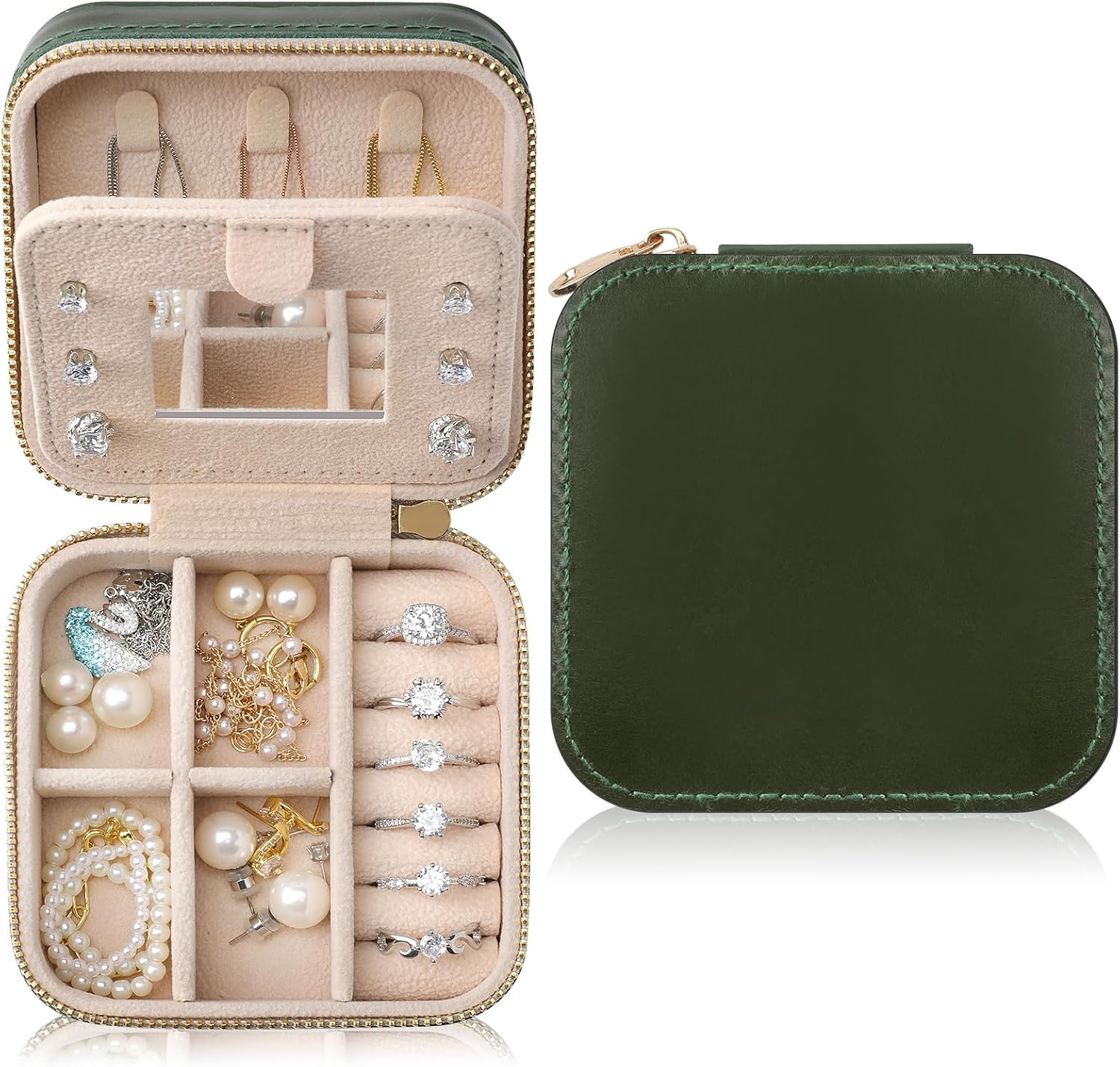 Genuine Leather Travel Jewelry Case Organizer with Mirror for Women, Small Jewelry Box Portable Mini Jewelry Case for Earring, Ring, Necklace, Bracelet Green