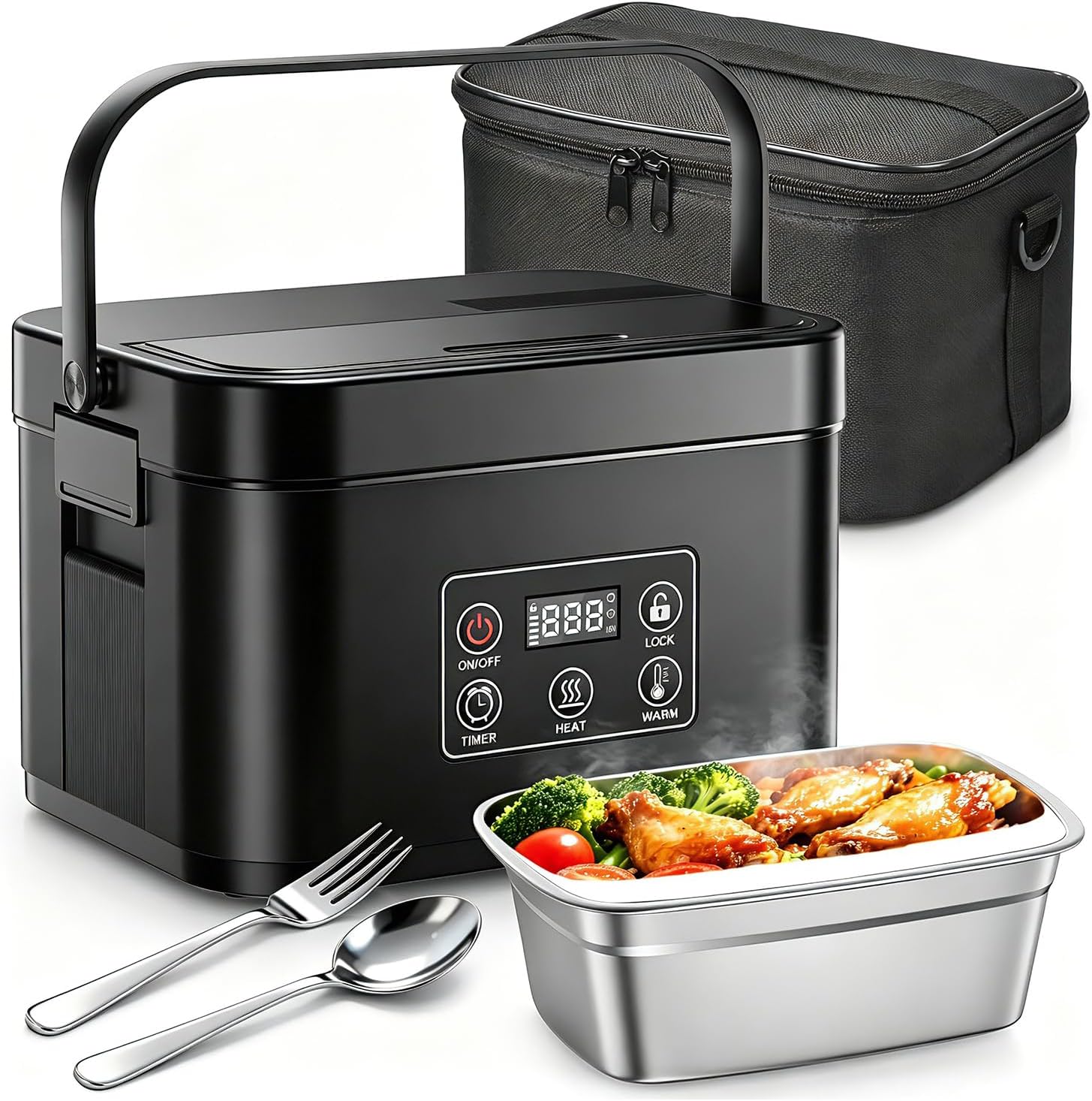 Cordless Electric Lunch Box,Portable Heated Lunch Box with Timer | Self Heating Lunch Box with Automatic Heating,1.5L Portable Food Warmer with Insulated Bag for Office,Travel & Outdoor(Black)