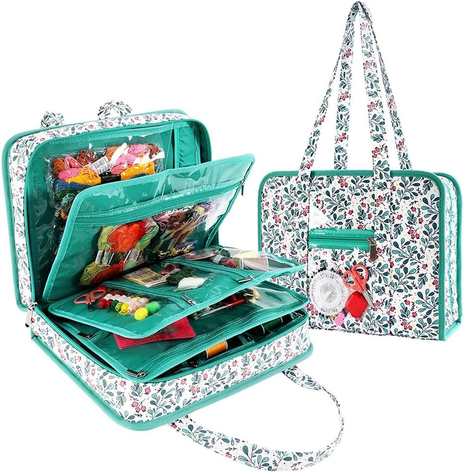 Sewing Storage Bag with Transparent Dividers, Multi-Pocket Embroidery Tool Organizer, Large-Capacity Cross-Stitch Supply Case, Designed for Storing Threads, Needles, Scissors, and Craft Accessories