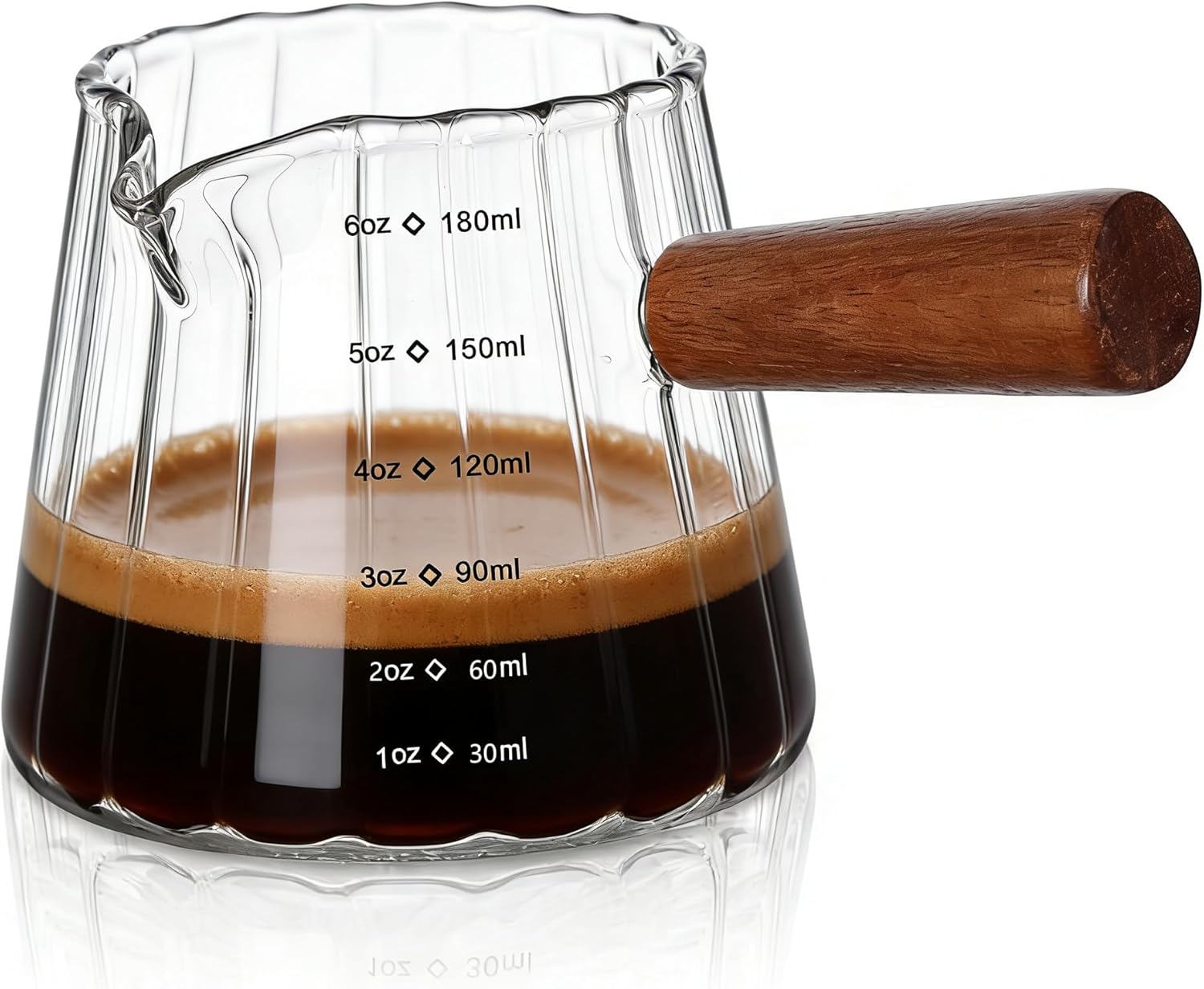 Glass Measuring Cup with Wooden Handle, 180ml Borosilicate Glass Pitcher with Spout & Scale, Origami Style Espresso Shot Glass, Dishwasher Safe Coffee Milk Measuring Cup