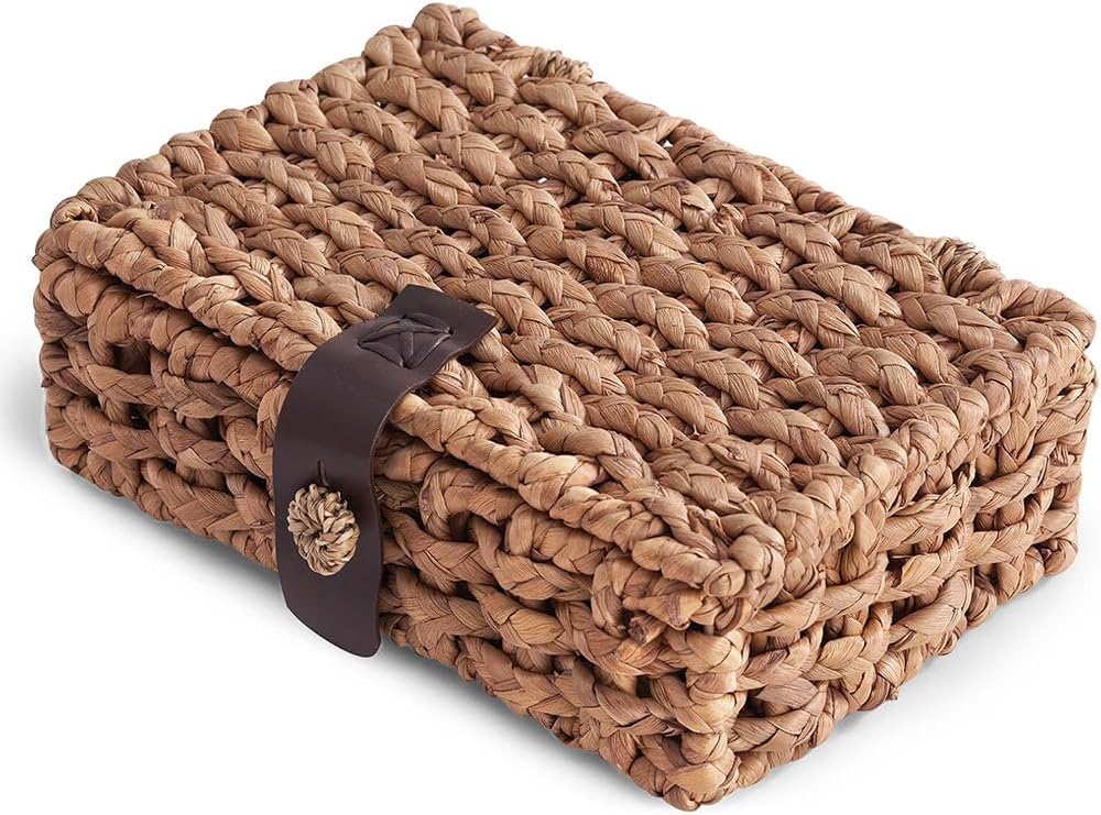 Wicker Storage Box with Lid, Water Hyacinth Woven Basket | Rectangular Organizer for Shelf Coffee Table Console, Natural Rustic Home Decor Bin for Organizing Accessories and Essentials