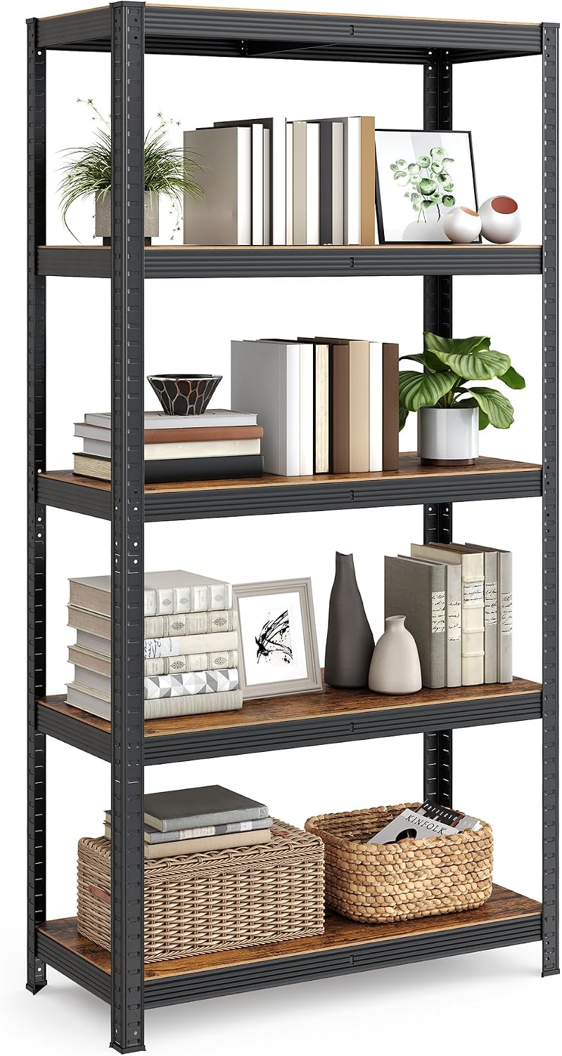 SONGMICS Heavy Duty Garage Shelving, 5-Tier, 40 x 90 x 180 cm | Tool Organiser Rack, Steel and MDF Shelves, for Home Storage, Rustic Brown and Black and Tan, COZORY Collection GLR040B11