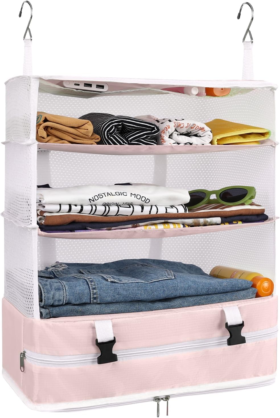 Surblue Hanging Closet Storage Bag Collapsible 3-Shelf Washable Oxford Fabric with 2 Hooks (XL 17.71 * 11.81 * 20in, Pink)