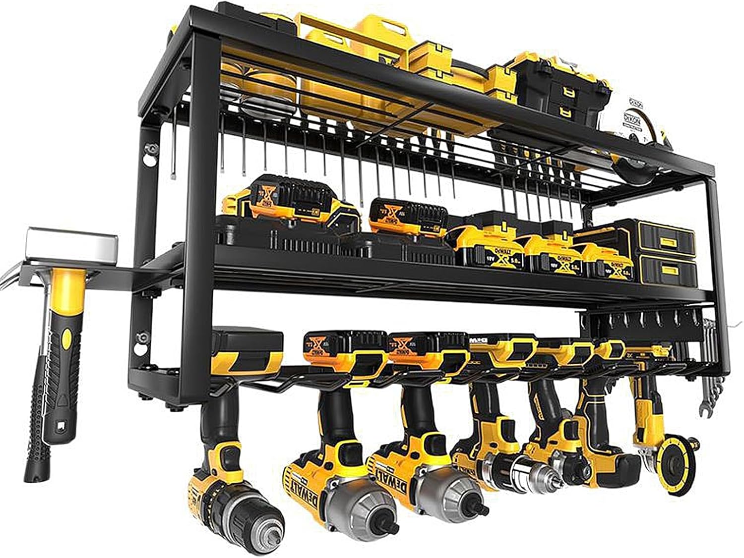 3-Tier Power Tool Organizer Wall Mount, 220lbs Metal Cordless Drill Holder | Garage Tool Storage Rack with 7 Drill Holders, Utility Tool Organisers, Battery Charger Shelf, Garage Workshop, 66x32x20cm