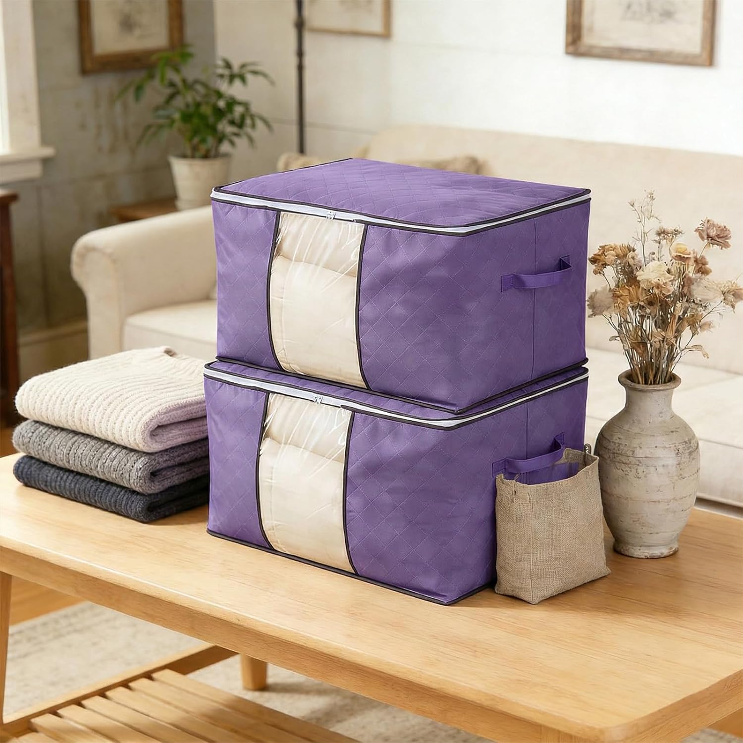 Clothes Storage Bags 2Pcs, Foldable Comforters Storage Containers with Handle, Organizers Bins for Bedding, Pillows and Blanket(Purple)