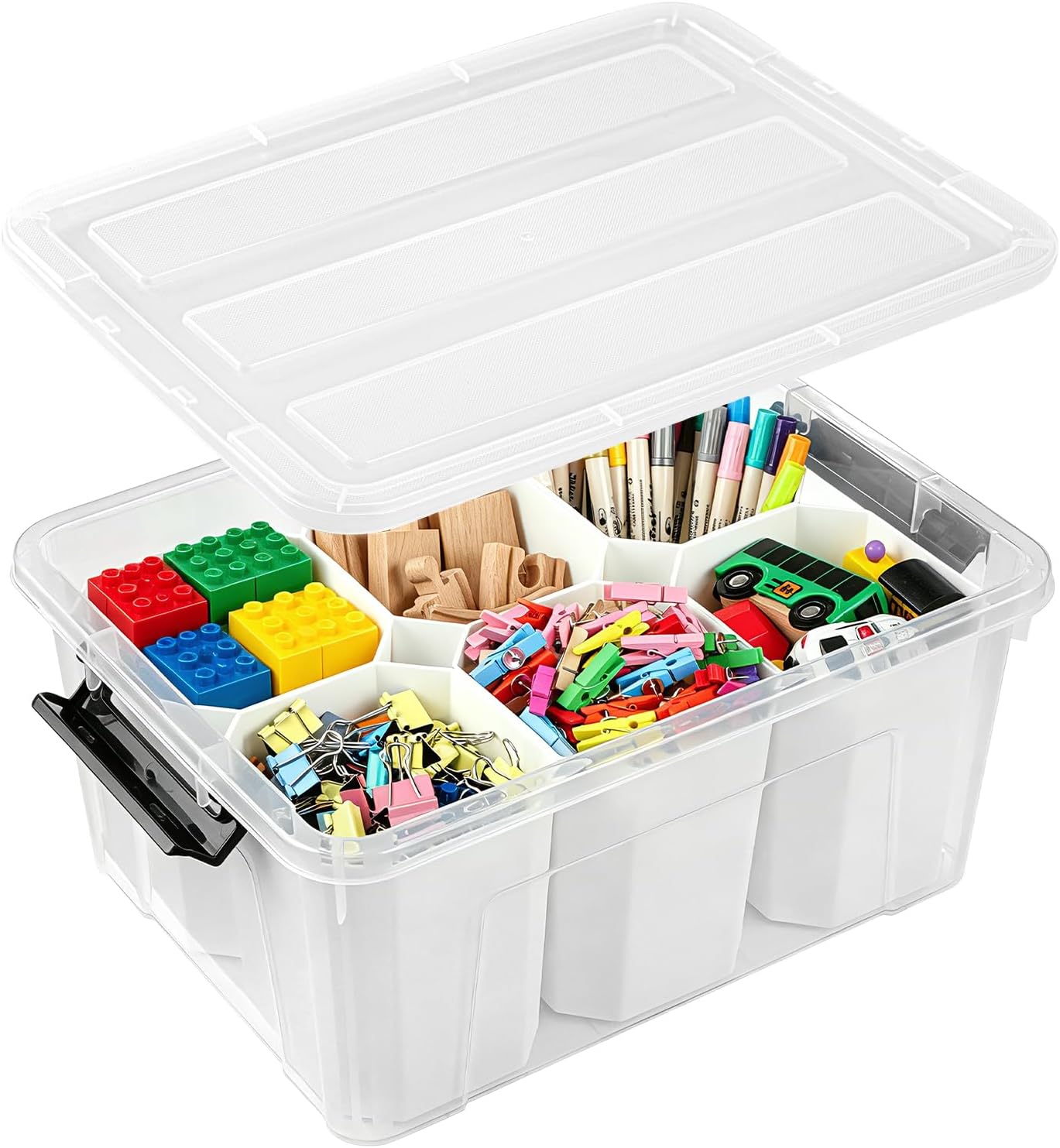 EOENVIVS Clear Storage Tote with 6 Tall Inserts, Stackable craft organizers and storage Box, Plastic Storage Bins with Lids and Handles for Crafts, Jewelry & Sewing, Art Supplies, Markers, Pens