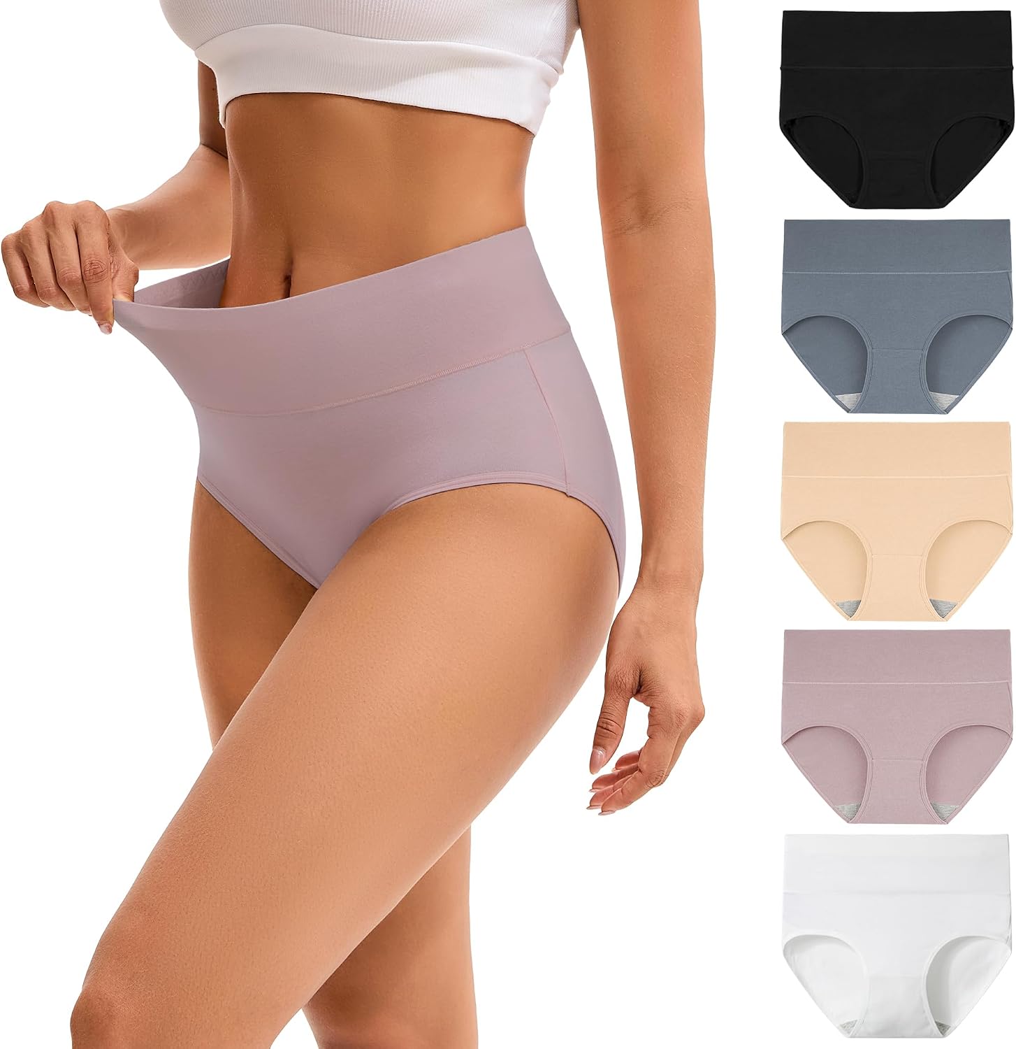 INNERSY Women's High Waisted Underwear Cotton Panties 5-Pack | Full Coverage, Wide and Flat Waistband, Light Tummy Support, No Wedgies, Stay in Place, Stretch Fit, All-Day Comfort