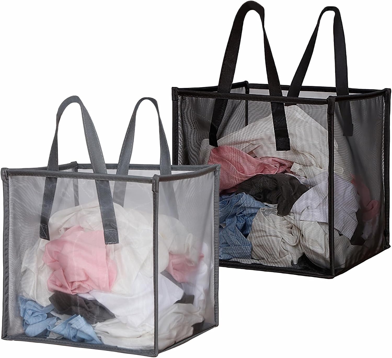2 Pack Mesh Pop Up Laundry Basket with Handles 32L Portable and Foldable Laundry Hamper Washing Baskets for Tidy Storage Clothes Toys (1 Pack Grey+1 Pack Black)