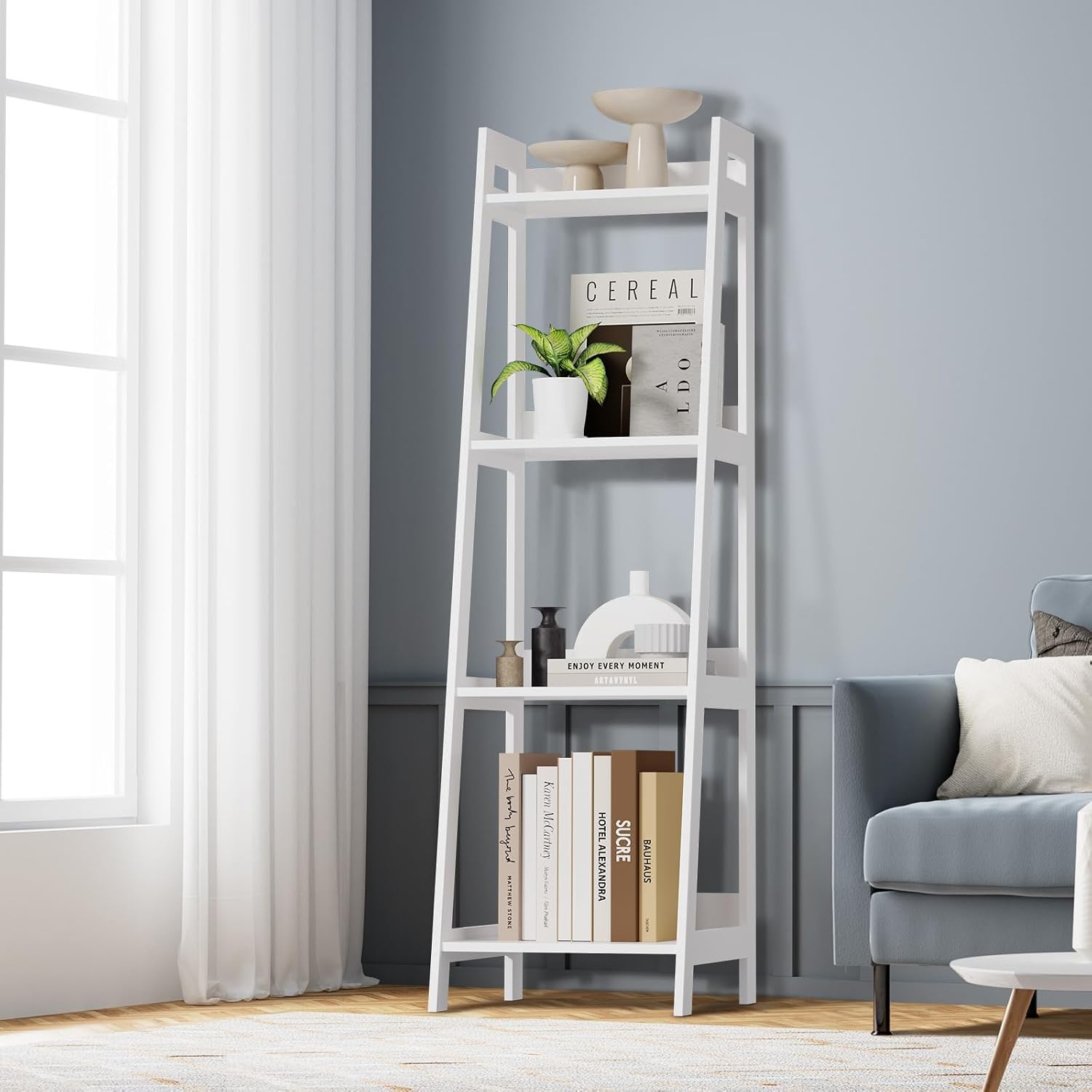 Oikiture 4-Tier Corner Ladder Shelf – White Minimalist Bookshelf for Home Office | Versatile Sturdy Modern