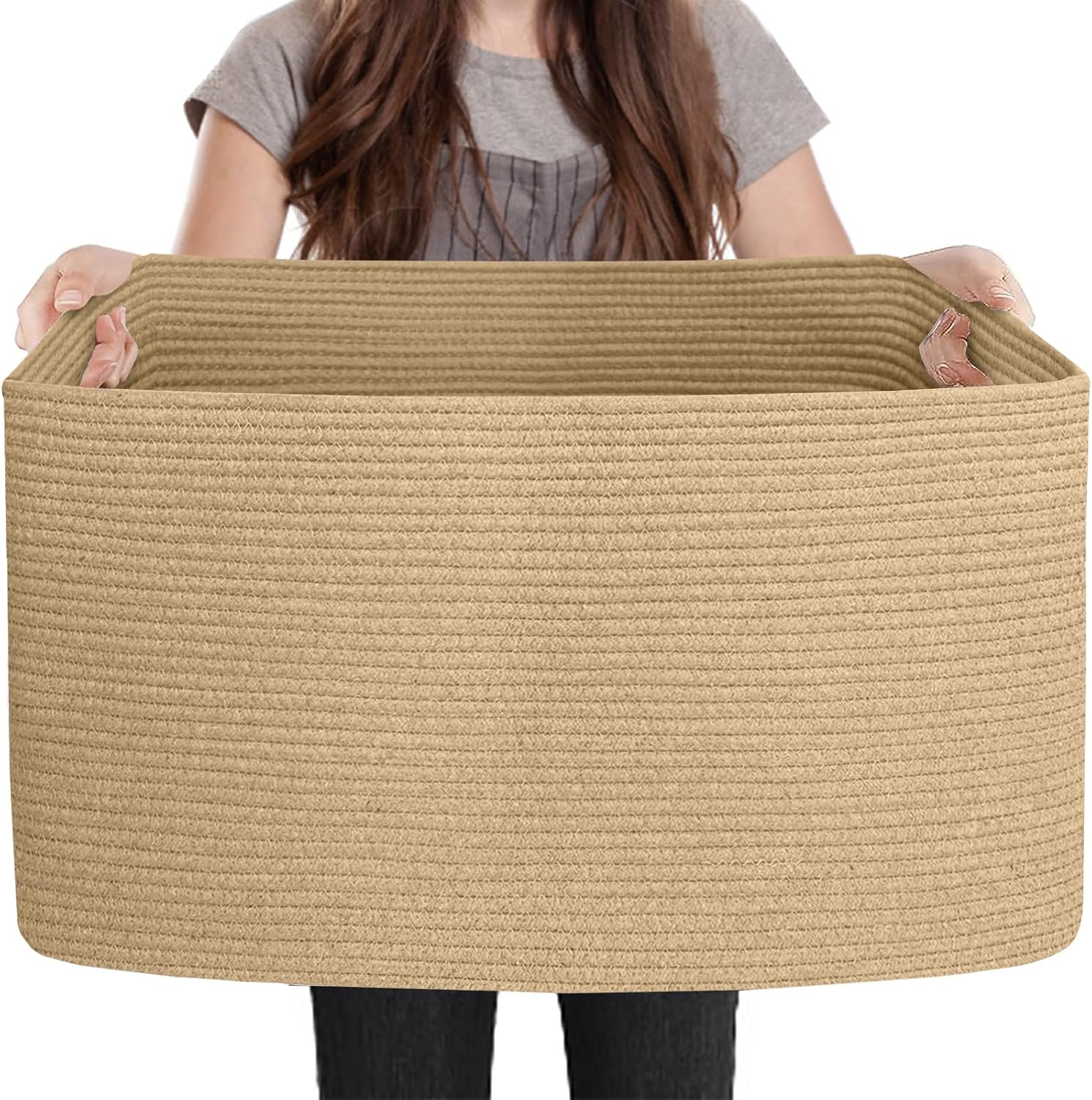 MEGASKET Large Jute Rectangle Rope Basket, 23.6" x 17" x 12", Beige, Rustic, Washable, Rectangle Storage Basket