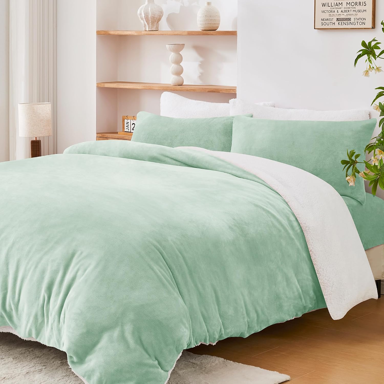 LINENOVA Dual-Sided Teddy Fleece Flannel & Sherpa Quilt Cover Set, Ultra Soft & Warm Reversible Queen Size Duvet Cover, Doubles as a Standalone Blanket with Zipper Closure (3 Pieces, Sage Green)