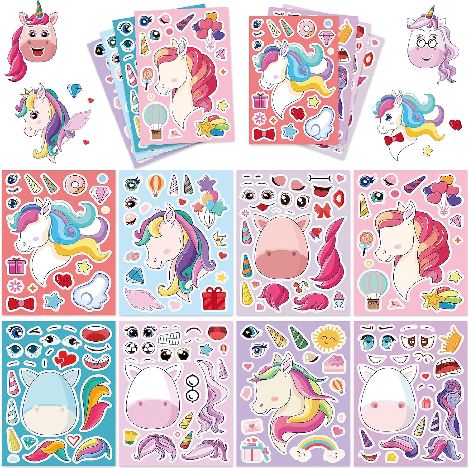 8 Sheets Kids Unicorn Sticker-Crafts Activities, Make Your Own Unicorn Stickers for Kids Rewards, Holiday Party Bag Fillers, Bottle Decorations, Birthday Gifts, Party Favors