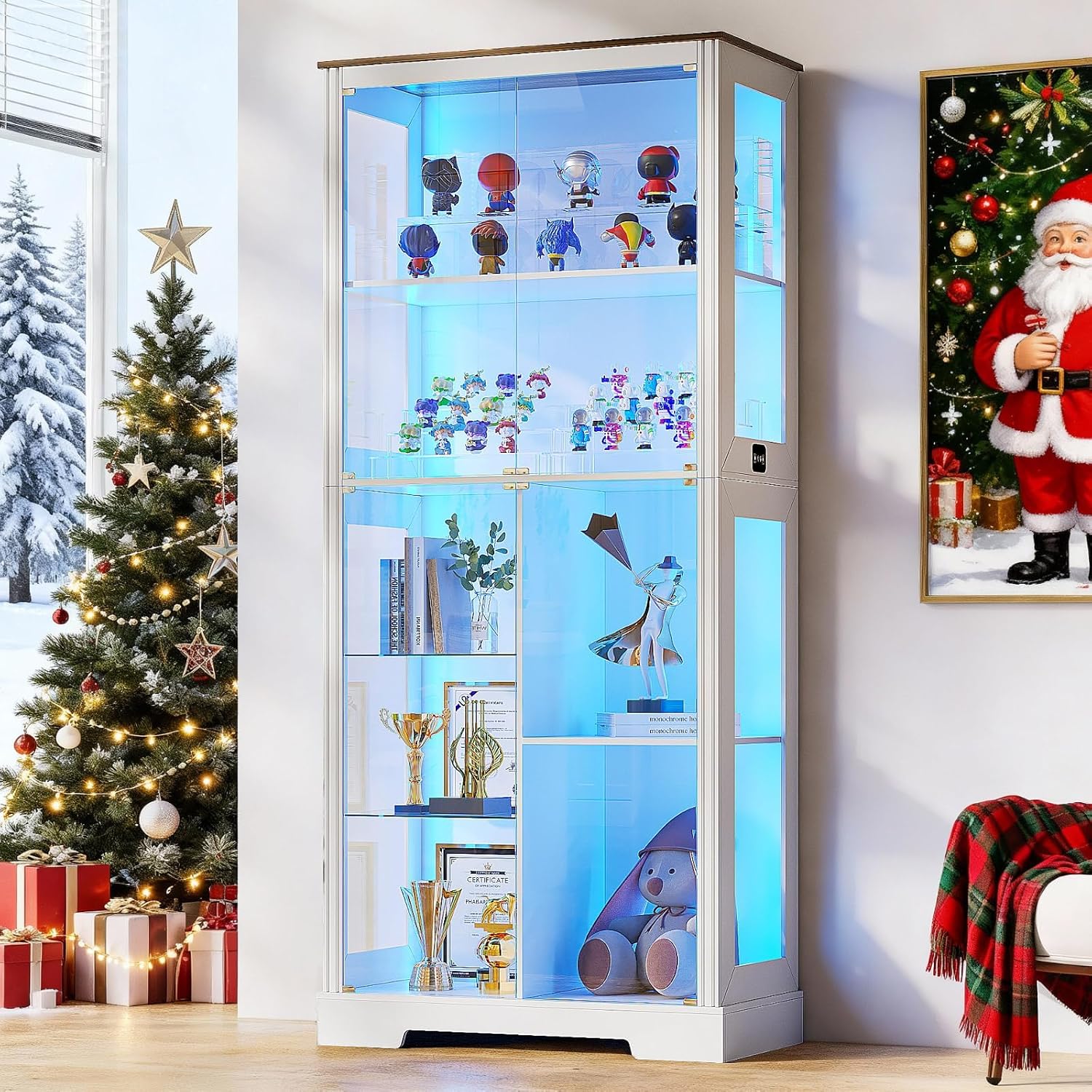 Dystler 180cm Display Cabinet with Glass Doors | Modern Curio Cabinet with 3 Color Lights, 7-Tiers Glass Display Cases for Collectibles, Tall Storage Cabinet with Human Body