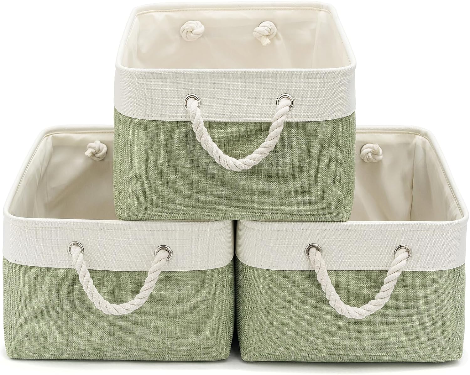 15.7x11.8x8.26 Inch Fabric Large Storage Bins with Handles 3 Pack | Foldable, Sturdy Metal Strand, Cardboard Support Molding, Fabric Storage Baskets for Shelves, Closet, Bedroom, White/Green