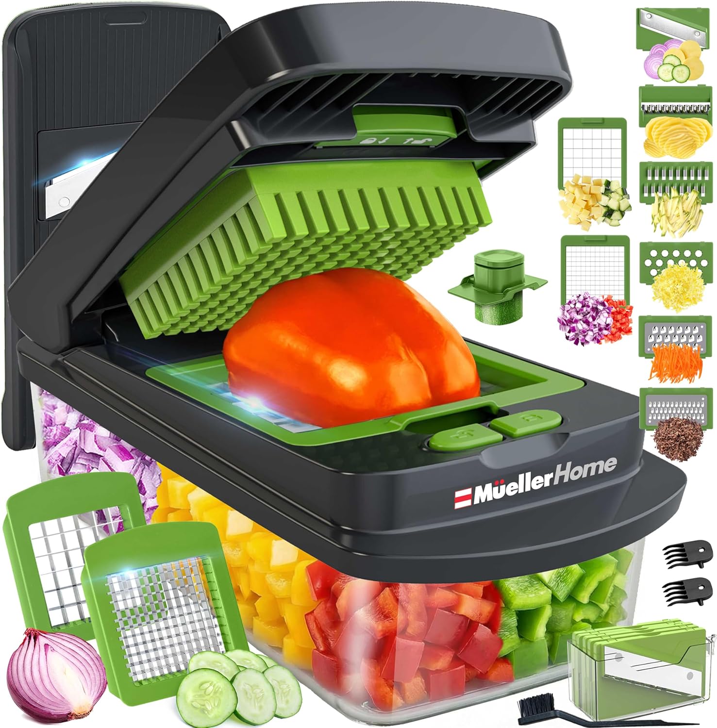 MUELLER HOME Pro-Series 10-in-1 Vegetable Chopper with Container, 8 Blade | Fruit Cutter, Dicer, Tomato Slicer, French Fry Cutter Potato Slicer, Salad Chopper, Gray/Green