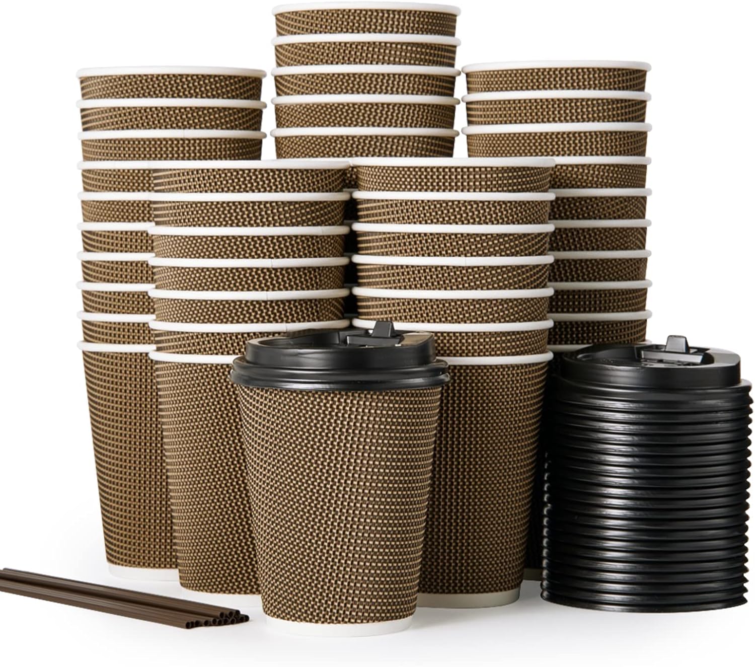 12 oz Paper Coffee Cups with Lid and Straws, Reusable Leakfree Anti-Slip Anti-Spill Insulated Triple Wall Togo Takeaway Paper Cups for Hot Cold Drink Chocolate Juice Tea [Black Lid, 50 Packs]