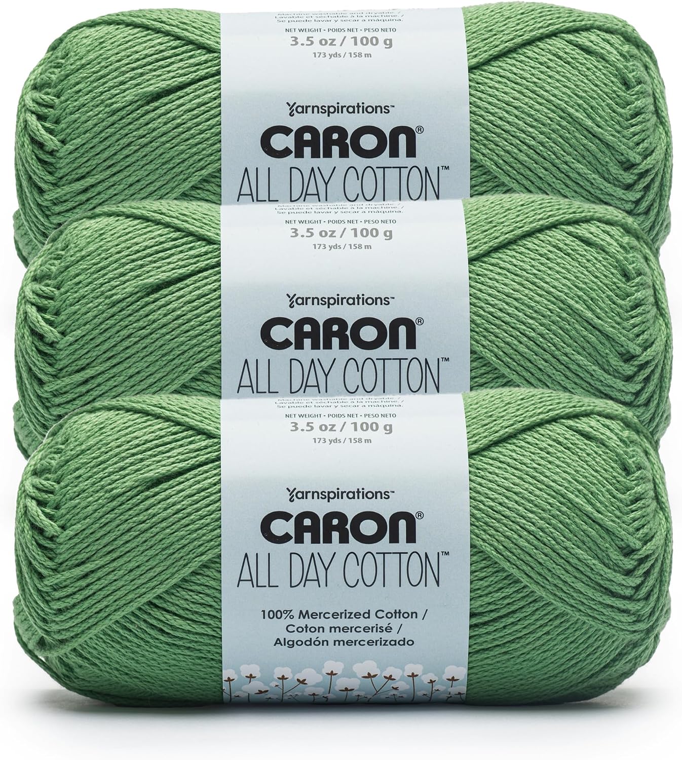 Caron All Day Cotton - 3 Pack of 173 Yards/3.52 oz Grass Green 100% Mercerized Cotton Yarn