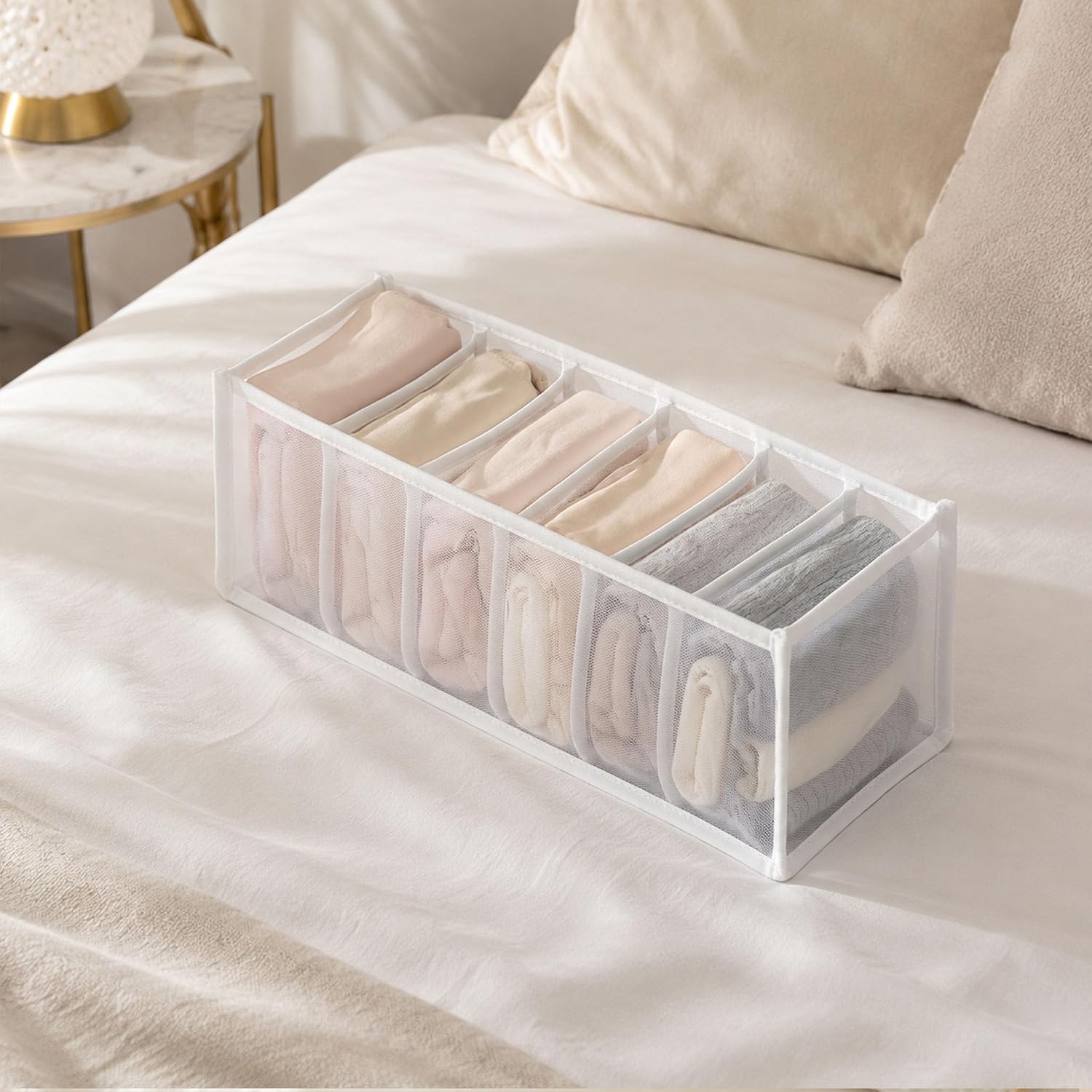 Wardrobe Clothes Organizer, 7 Grids Underwear Storage Box, Mesh Drawer Organizer, Foldable Closet Divider for Socks, Bras, Lingerie, Bedroom, Dorm, Home (White）
