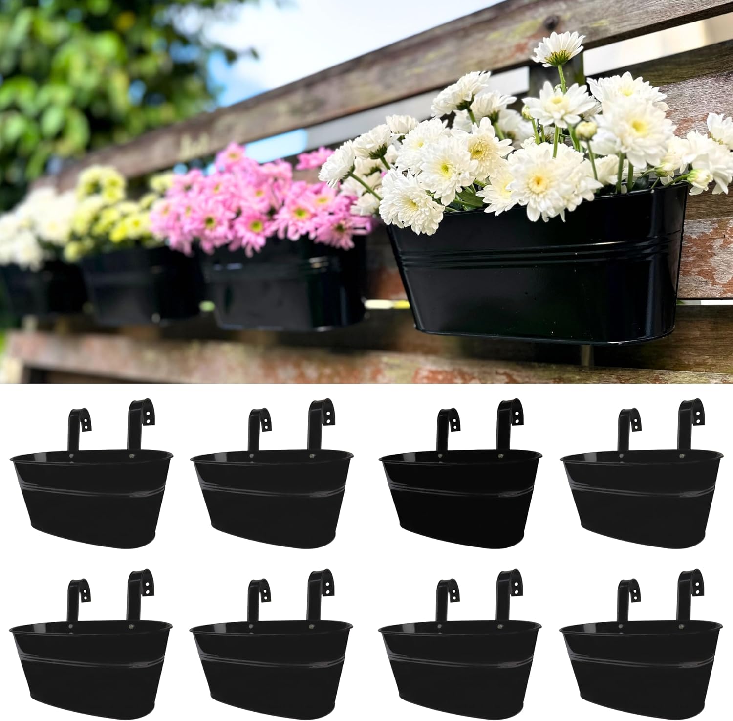 LaLaGreen Outdoor Plants Rail Planter (8 Pack, 11.2 Inch) Black Metal Iron Hanging Flower Pots Deck Railings Fence Buckets Modern Garden Boho Style Wall Mount Window Box Plant Holder Hooks Porch Decor