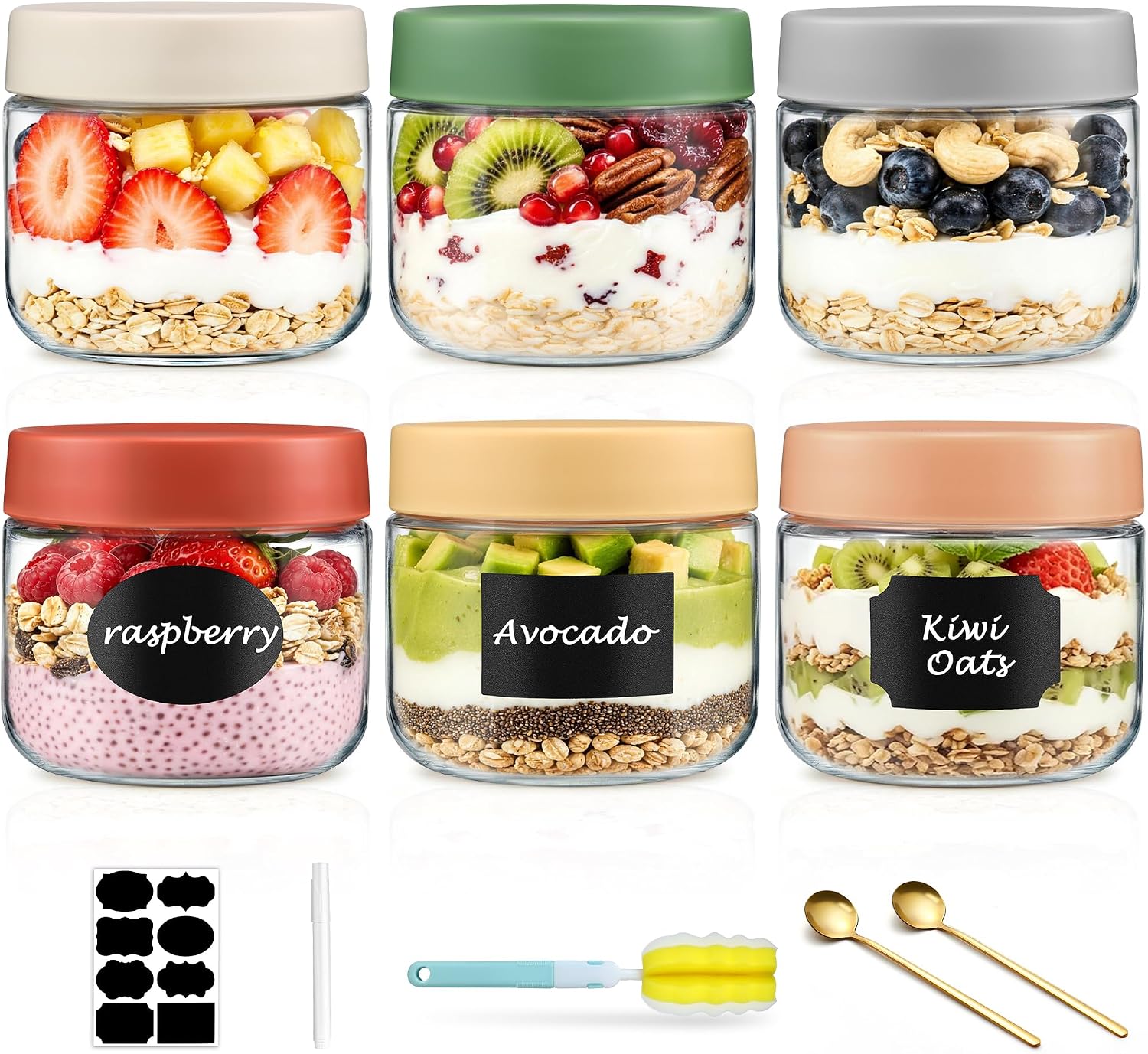 Feshory 6 Pack 350 ML (12oz) Overnight Oats Container Jar with Airtight Lid - Freezer Dishwasher Safe Glass Food Storage Jar, Meal Prep Containers for Food, Salad, Spice, Snacks, Sauce