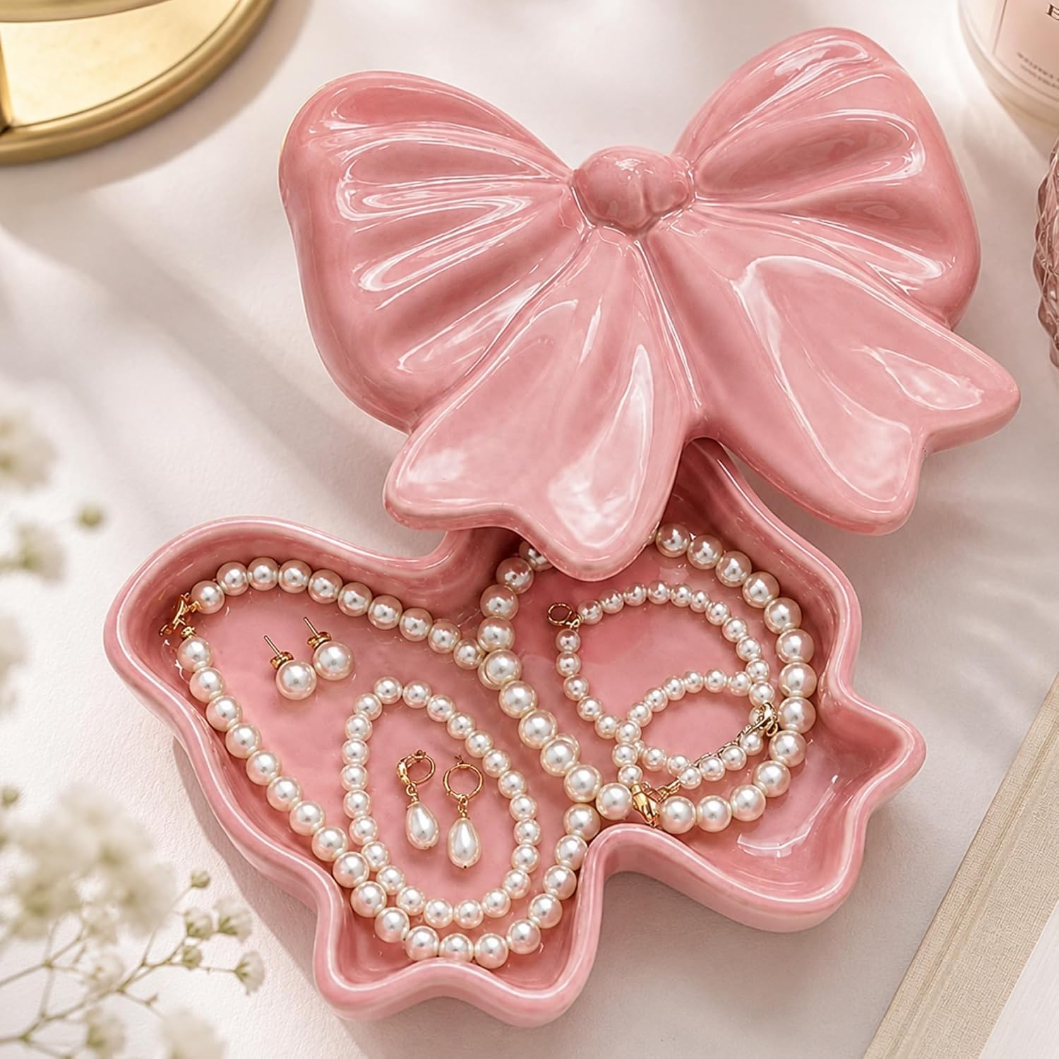 Pink Bow Shaped Jewelry Ceramic Box Coquette Bow Ceramic Jewelry Dish Tray Organizer Storage Ring Holder for Room Decor Trinket Box Wedding Bridesmaid Gift for Her Women