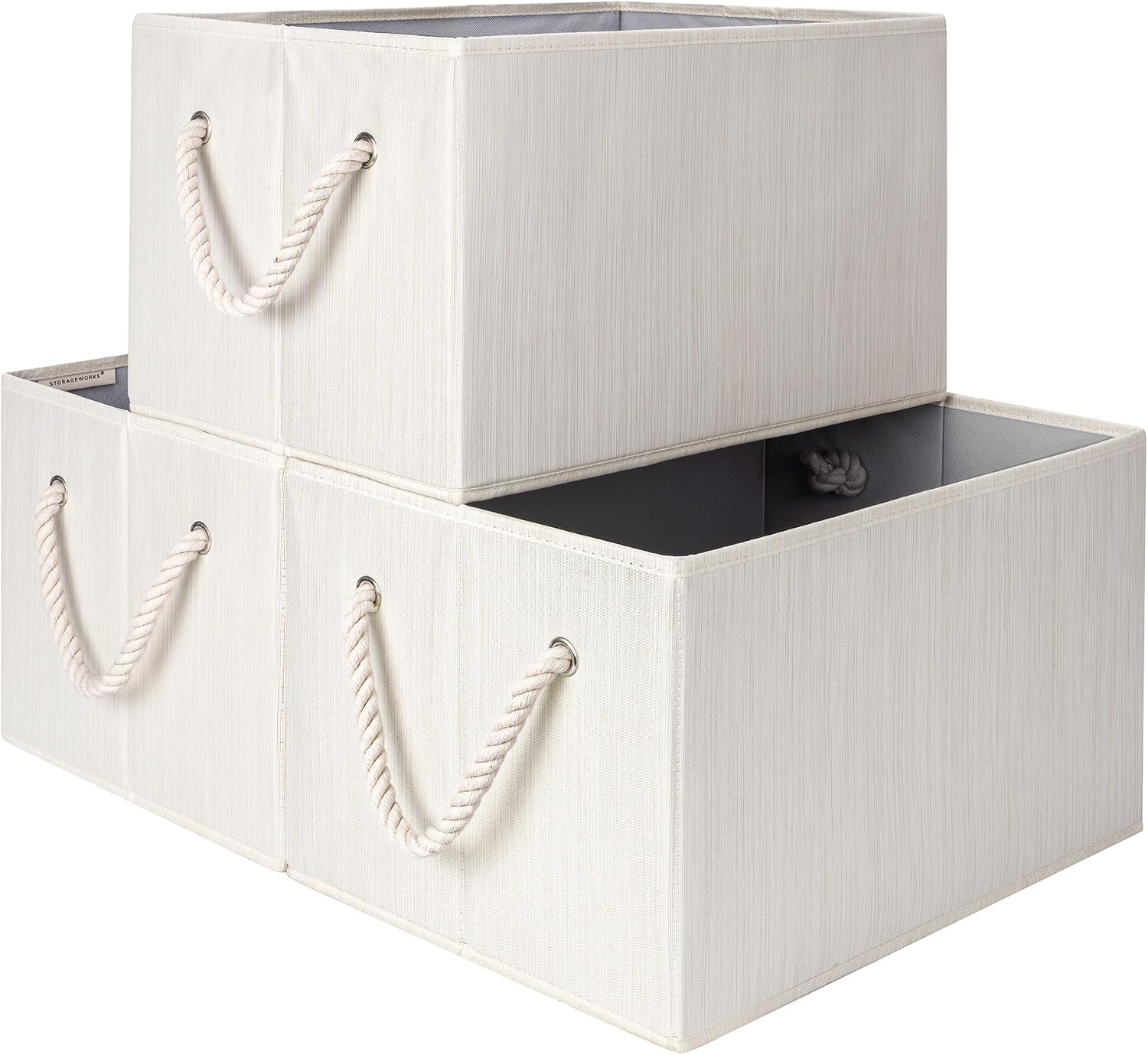StorageWorks Fabric Storage Baskets with Handles, 3 Pack Linen Storage Box for Closet Organiser, Storage Basket for Shelves, Bedroom, Living Room, Wardrobe Organizer, Beige, White & Ivory, Large