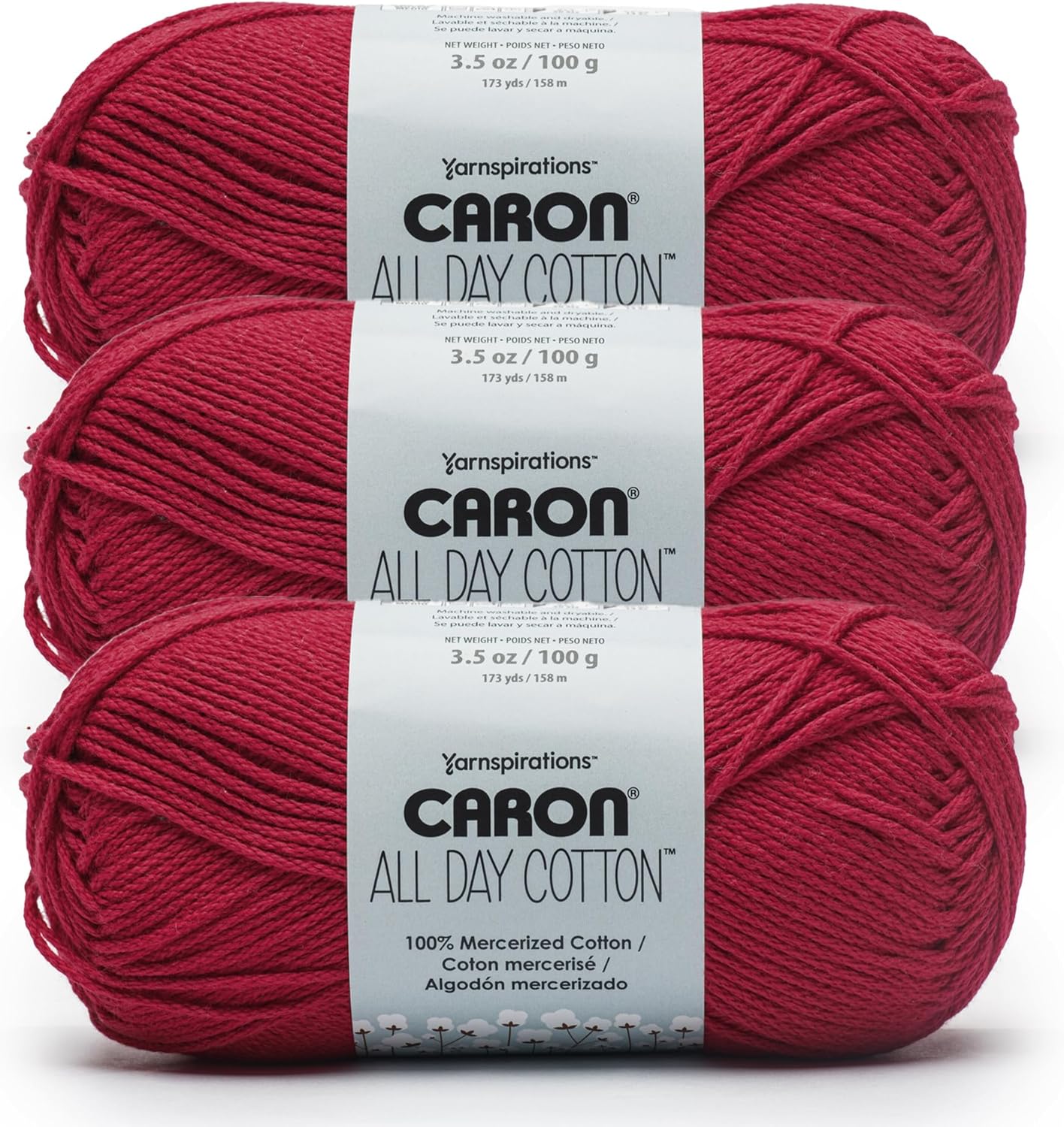 Caron All Day Cotton - 3 Pack of 173 Yards/3.52 oz Red Lip 100% Mercerized Cotton Yarn | #4 Worsted Yarn, 100% Mercerized Cotton, Soft Crochet Yarn for Knitting, Amigurumi & Crafts, 173yds, 100g/3.5oz per skein
