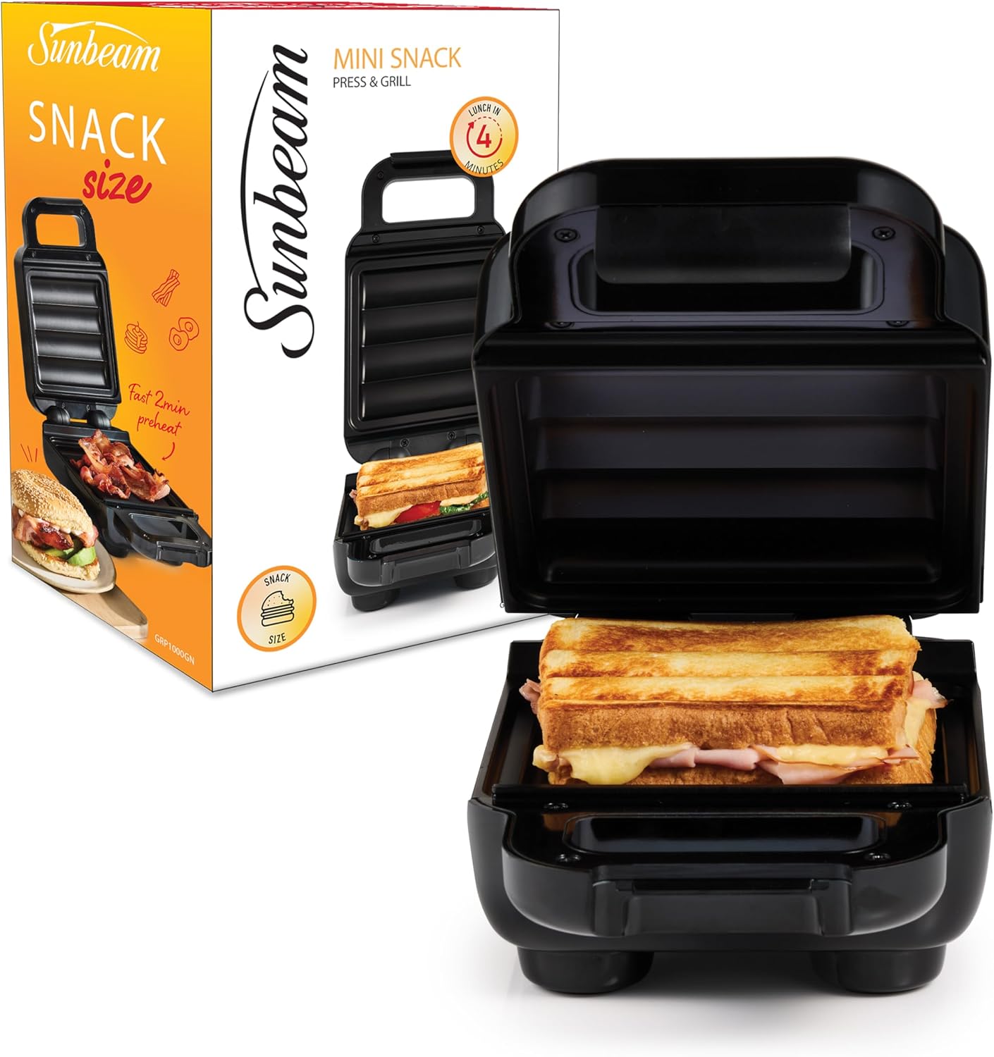 Sunbeam Mini Snack Press & Grill | Sandwich Press & Mini Oven in One, Cooks Fast Ready in 4 Mins, Non-Stick Coating, Easy to Clean, Compact Upright Storage & Portable, Black GRP1000BK