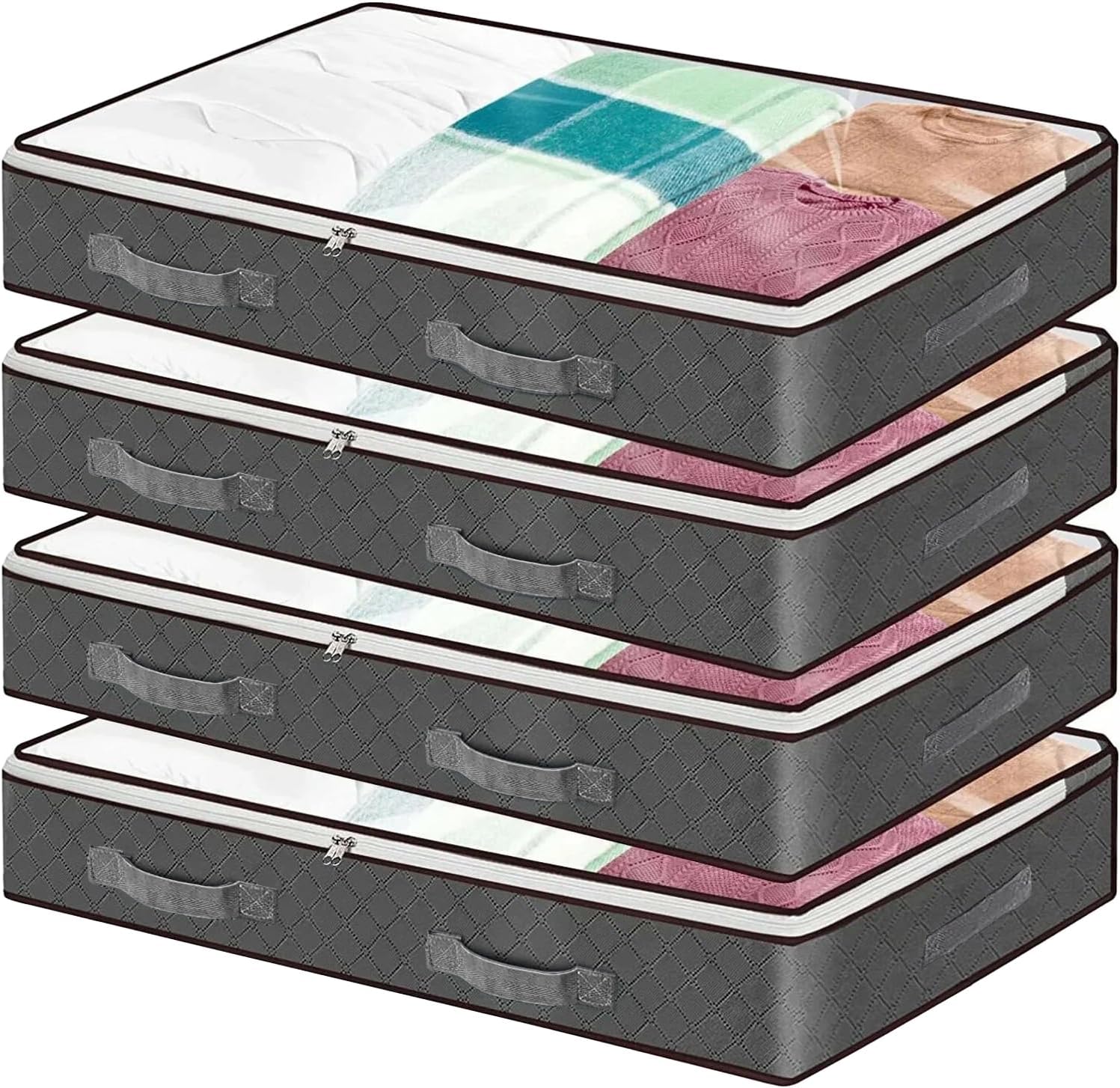HJB VISSO 4 Pack under bed storage box,90L Foldable clothes storage containers and Storage Bins with Reinforced Handle for Clothing,Blanket,plush toy,Towels,Bed Sheets,Comforters