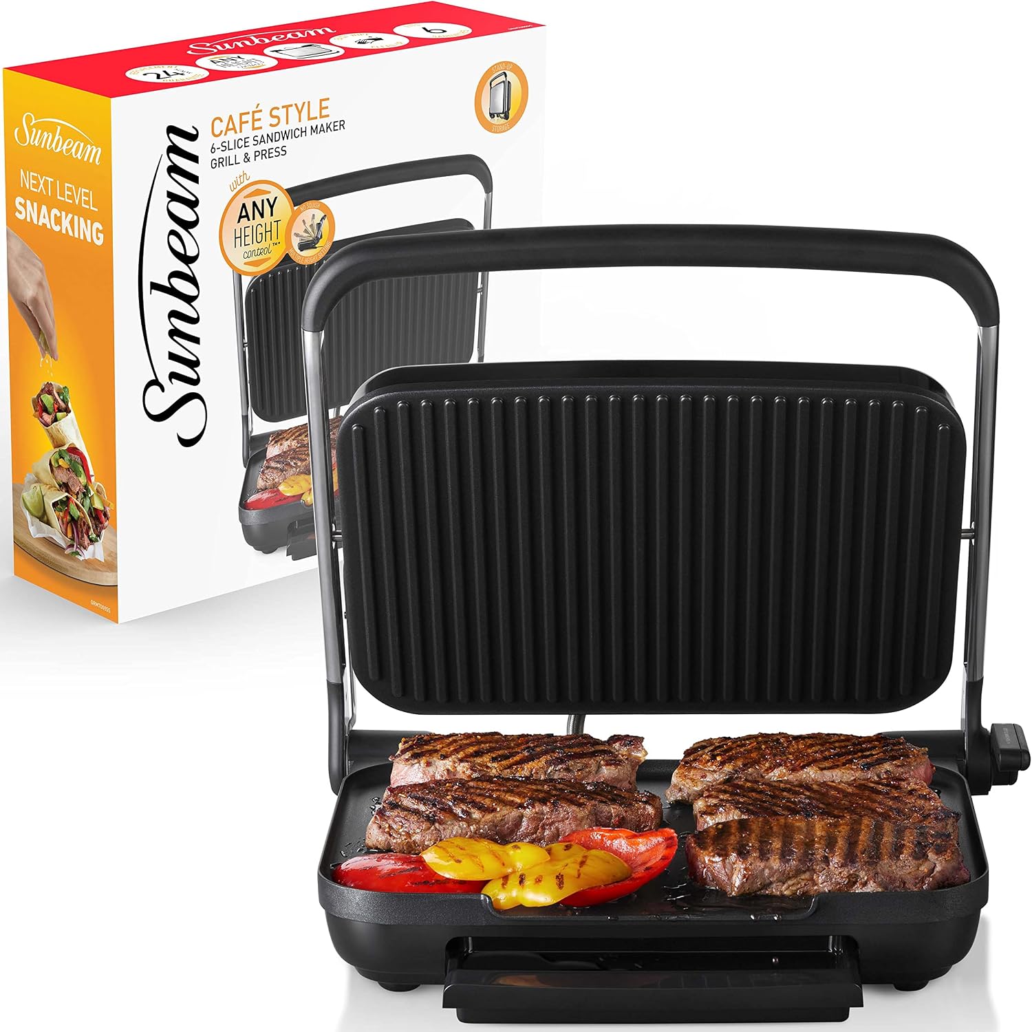 Sunbeam Café Style 6-Slice Sandwich Press and Maker| AnyHeightâ„¢ Control for Thick Steaks, Breakfast, Quick Meals, Sandwiches | Non-Stick Coating, Stand-Up Storage, Silver