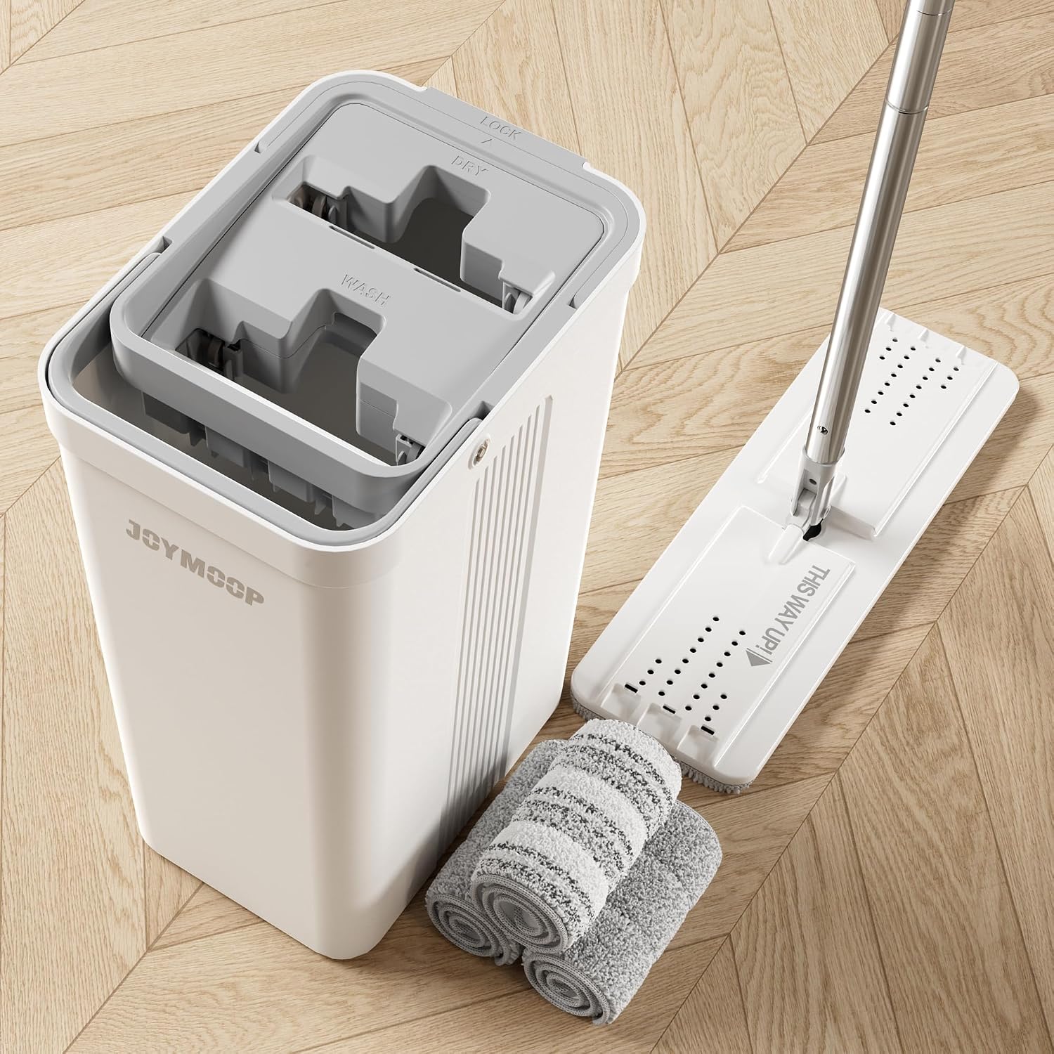 JOYMOOP mop and Bucket with Wringer Set, Flat Mops for Floor Cleaning with 3 Microfiber Pads, Wet and Dry Use, Household Cleaning Tools, for Hardwood, Laminate, Tile