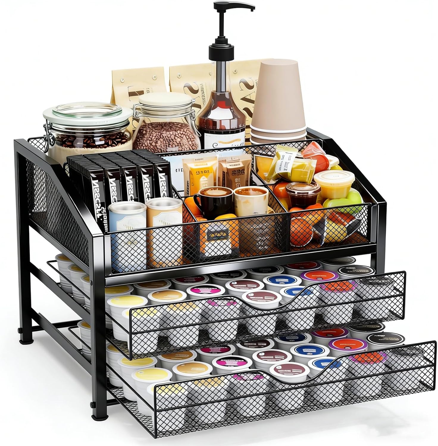 Coffee Bar Organizer - 2-Tier K-Cup & Coffee Pod Holder Stand with Dividers - Storage for Coffee Pods, K Cups, Syrup Bottles, Mugs, Creamer, Stirrers, Sugar Packets, Tea Bags