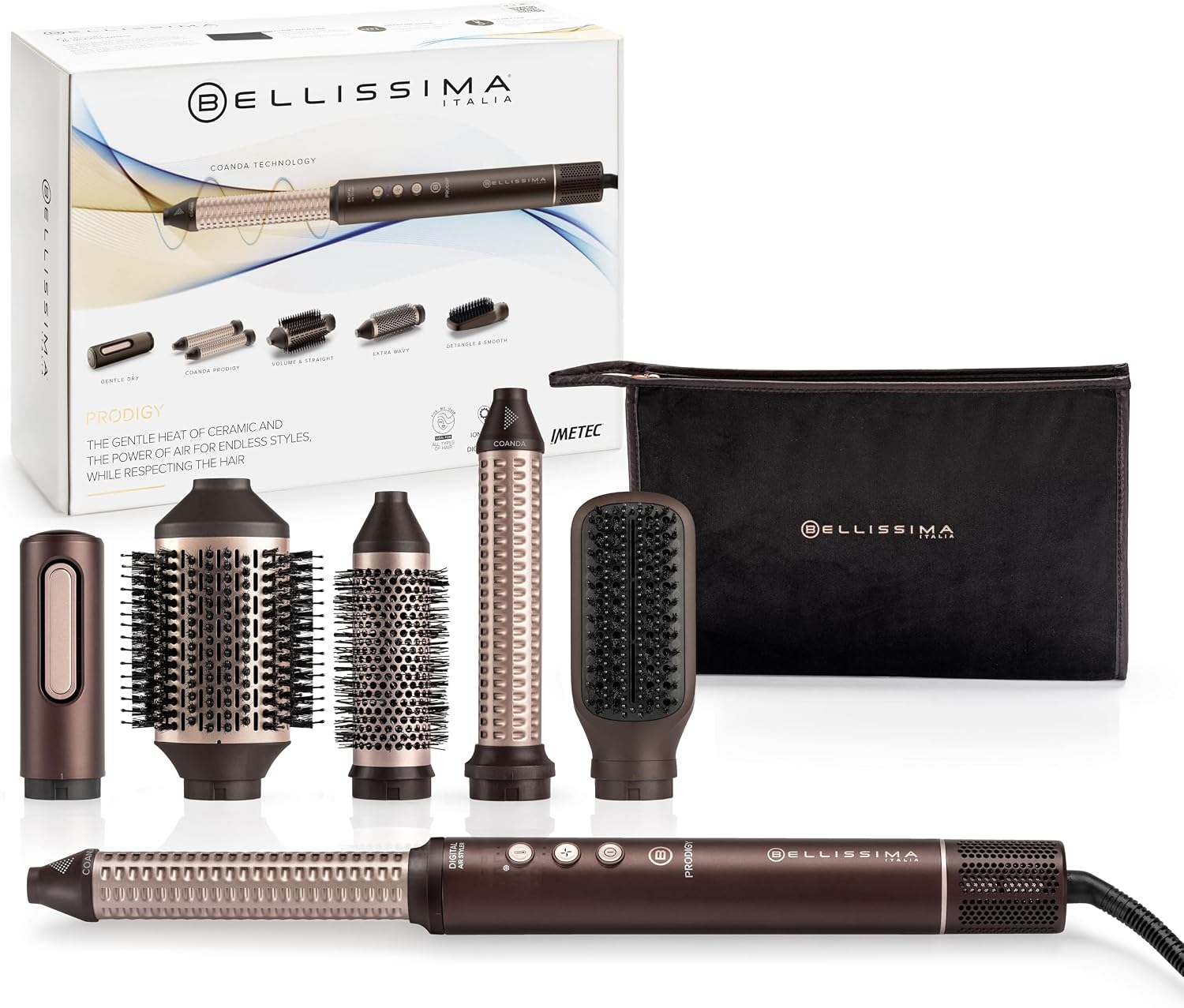 Bellissima Italia Prodigy Hair Styler - Gentle Hair Dryer, 6 Attachments | Blowouts, Waves, Curls, Volume - Coanda & Ceramic Ionic Tech - All Hair Types - 6 Settings & Cool Button - No Frizz or Damage