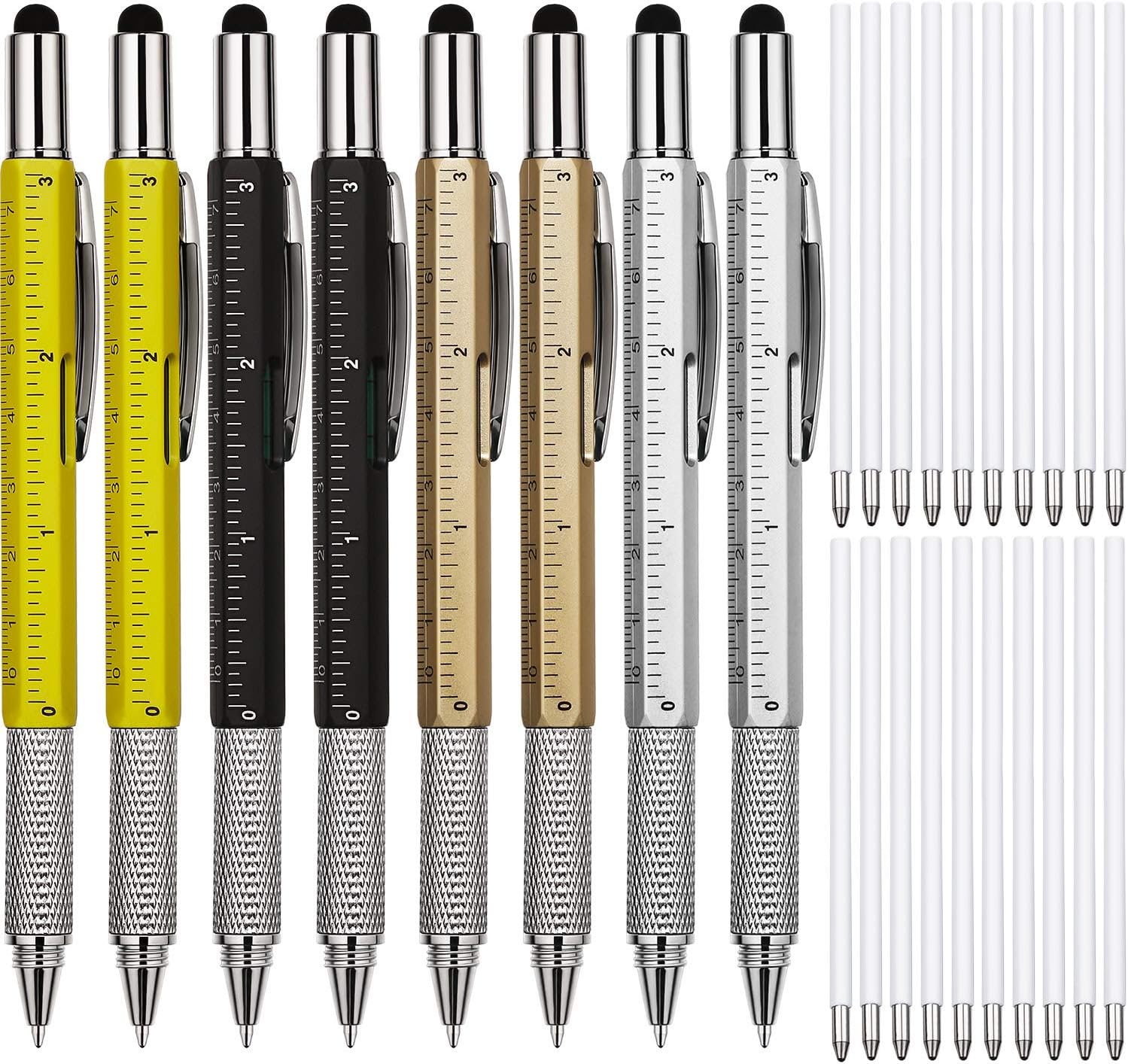 8 Pieces Gift Pen for Men 6 in 1 Multitool Tech Tool Pen Screwdriver Pen with Ruler, Levelgauge, Ballpoint Pen and Pen Refills, Unique Gifts for Men Color Set 1